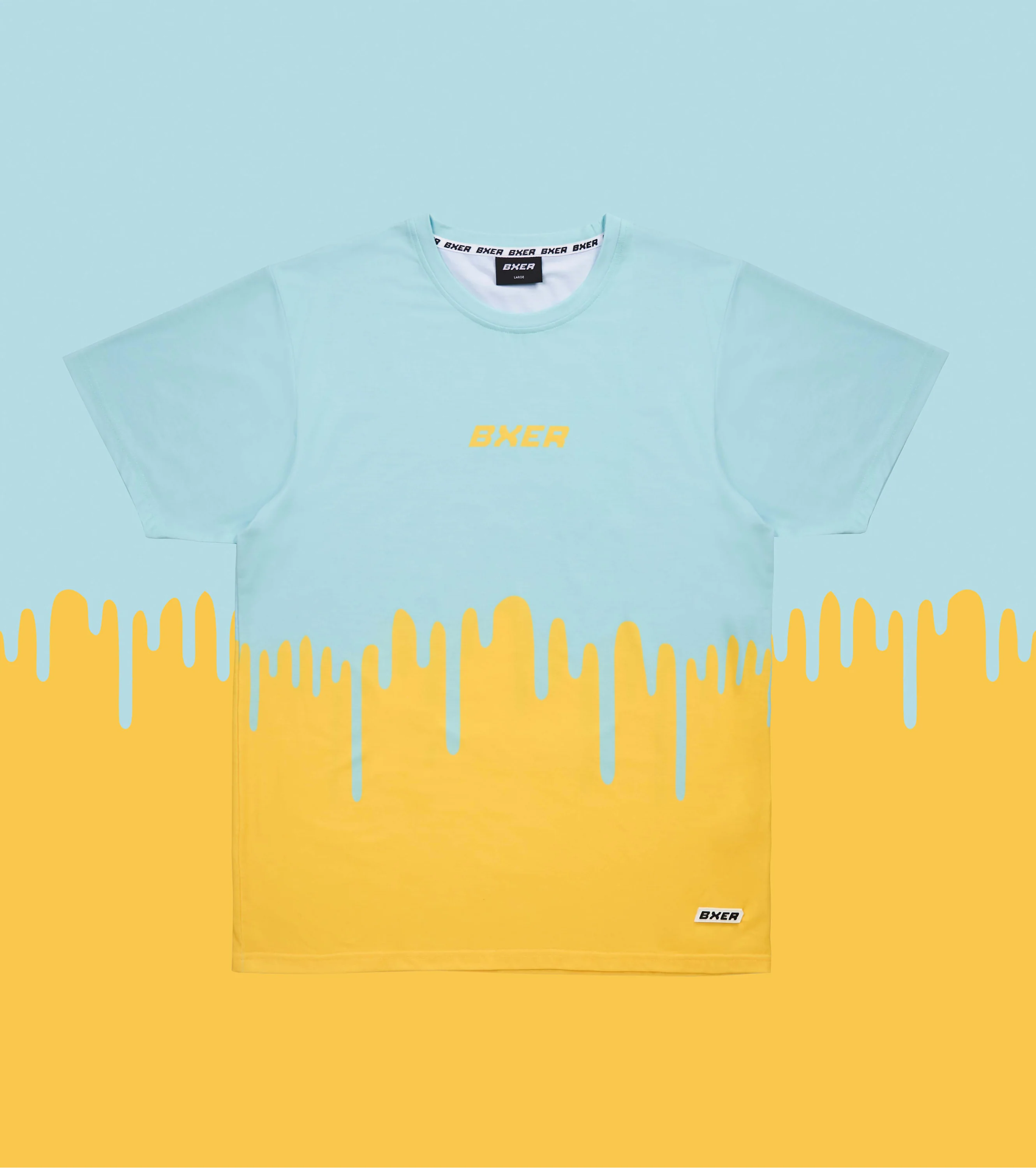 BXER T-Shirt in Hellblau und Gelb mit Drip-Effekt und modernem Streetwear-Design.