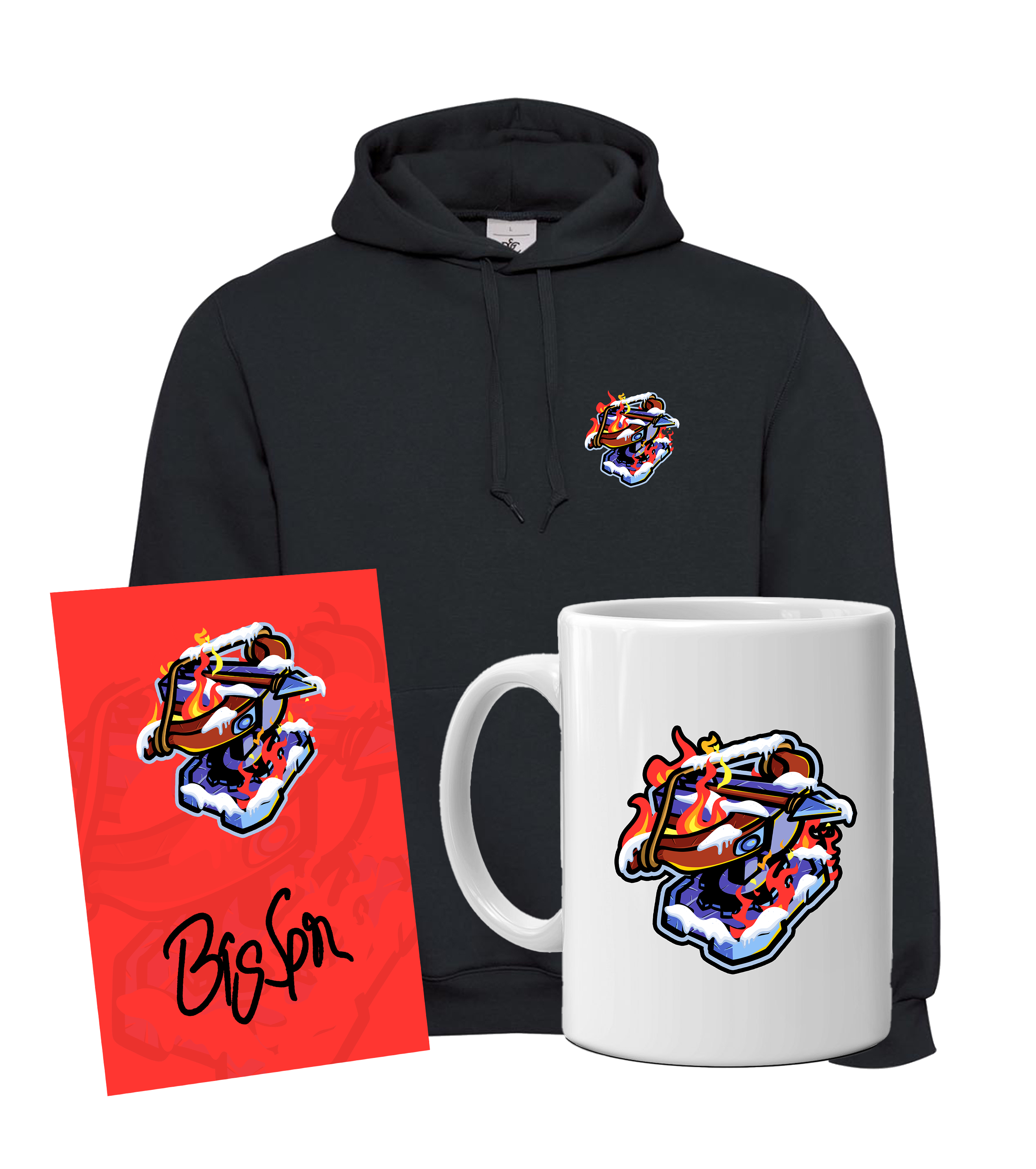 BigSpin Fan-Bundle mit schwarzem Hoodie, weißer Tasse und roter Autogrammkarte – alle mit dem brennenden Katapult-Motiv auf Eisblock.