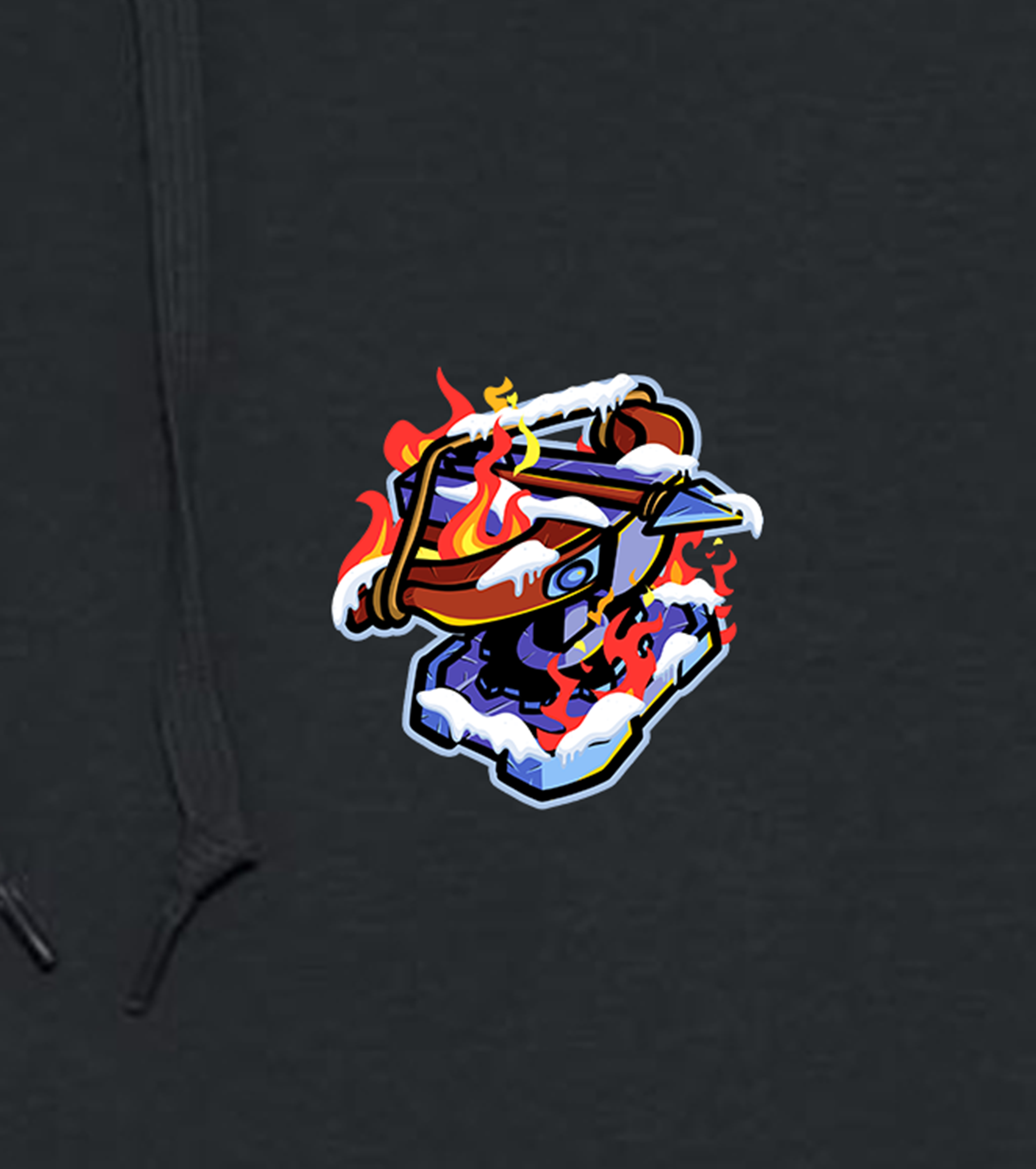 Detailansicht des BigSpin Hoodie-Motivs mit brennendem Katapult auf einem vereisten Untergrund, hochwertiger Druck für Gamer-Merchandise.