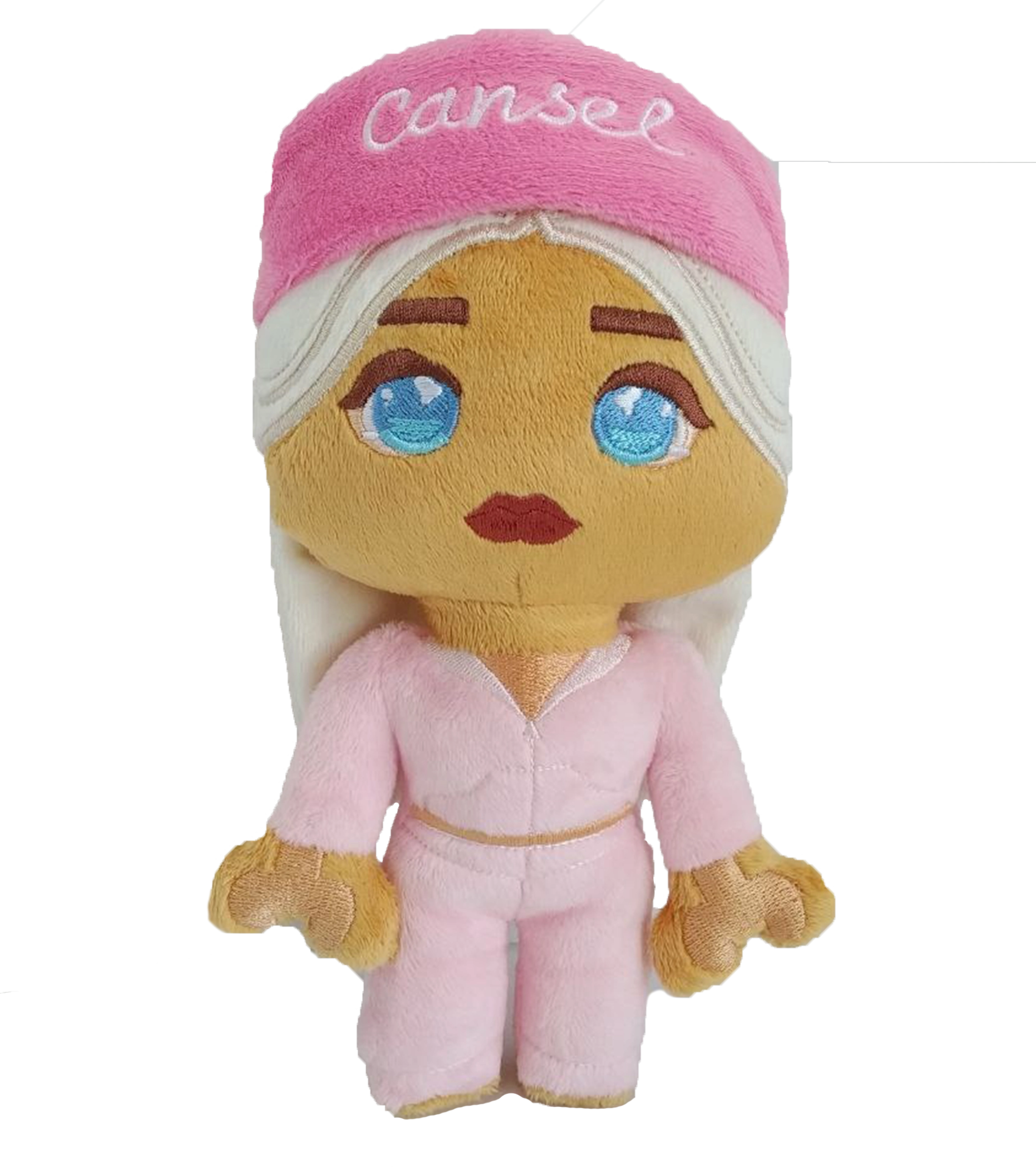 Canselguel Plüschtier mit pinkem Outfit, langen weißen Haaren und bestickter Cap – süßes Sammler-Merchandise für Fans der Creatorin.