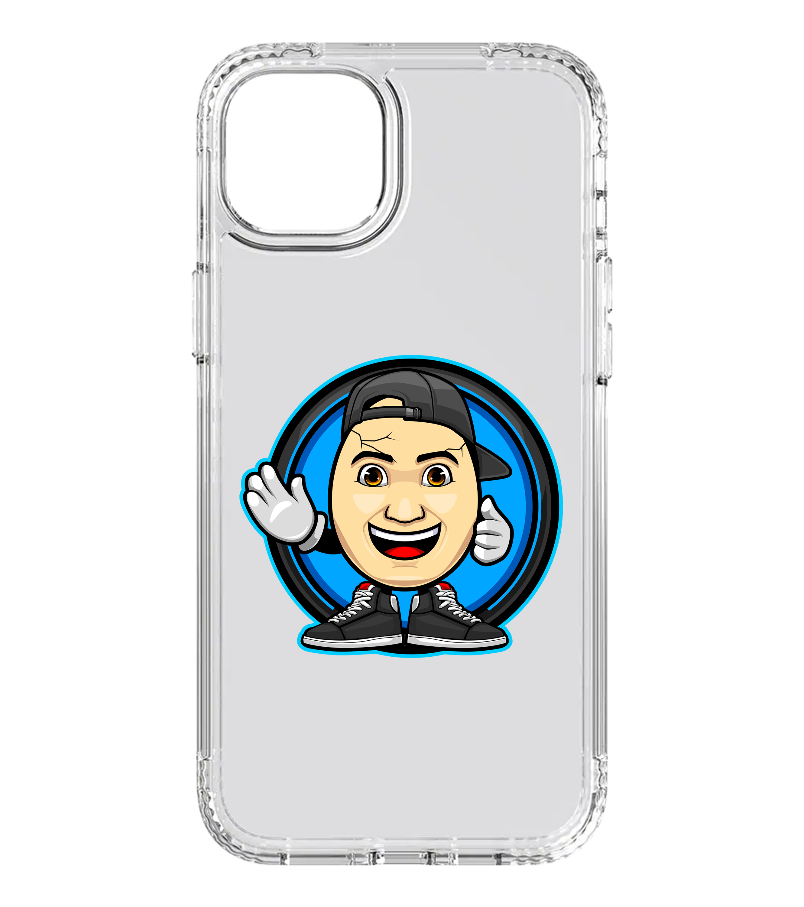 Transparente Handyhülle mit Cartoon-Motiv des ClashGames-„Eiermanns“ mit Cap, Sneakers und blauem Kreis – witziges Design für Gaming-Fans.