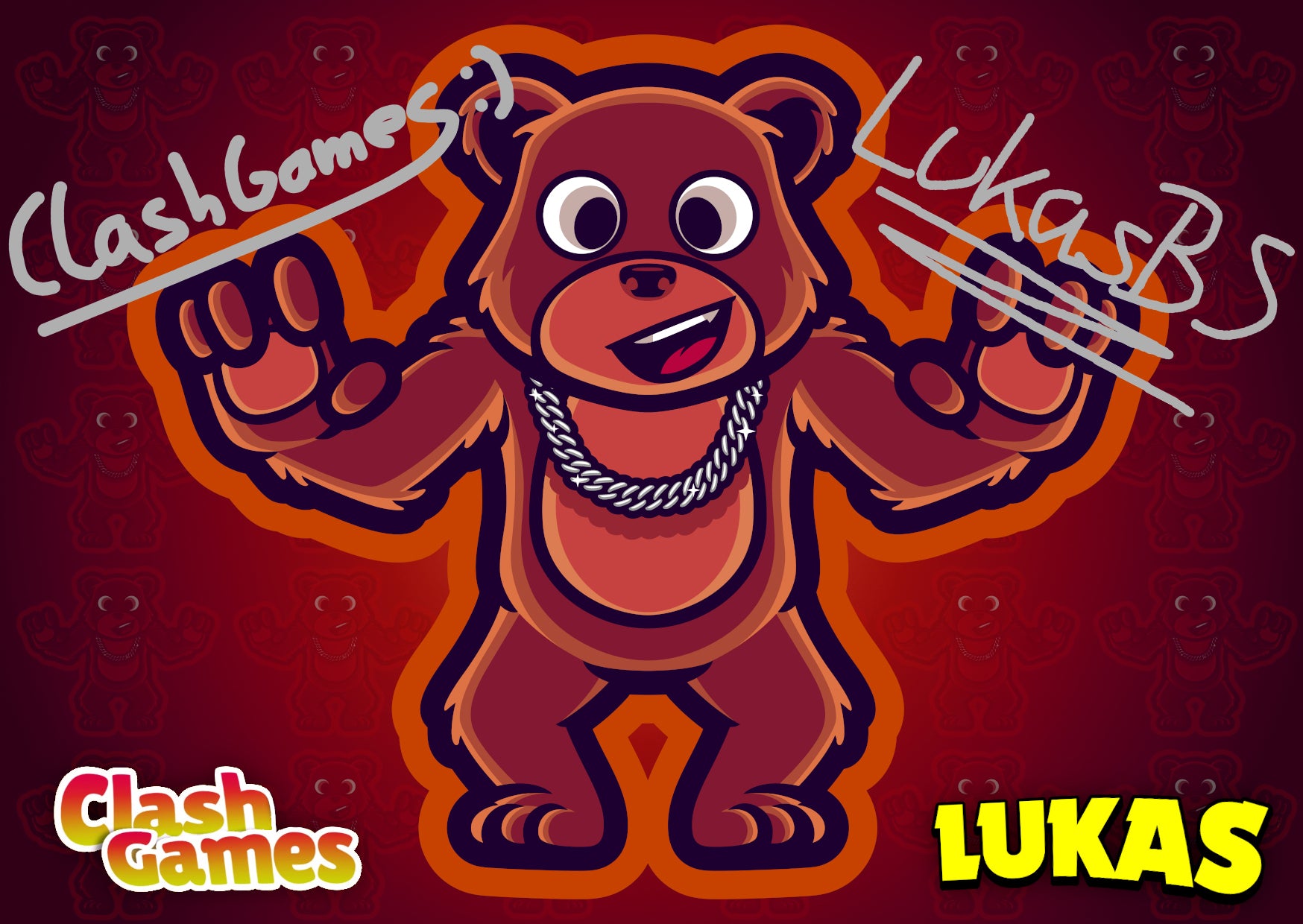 Autogrammkarte mit Comic-Bär von ClashGames und LukasBS – mit Signatur, Kette und rotem Hintergrund.
