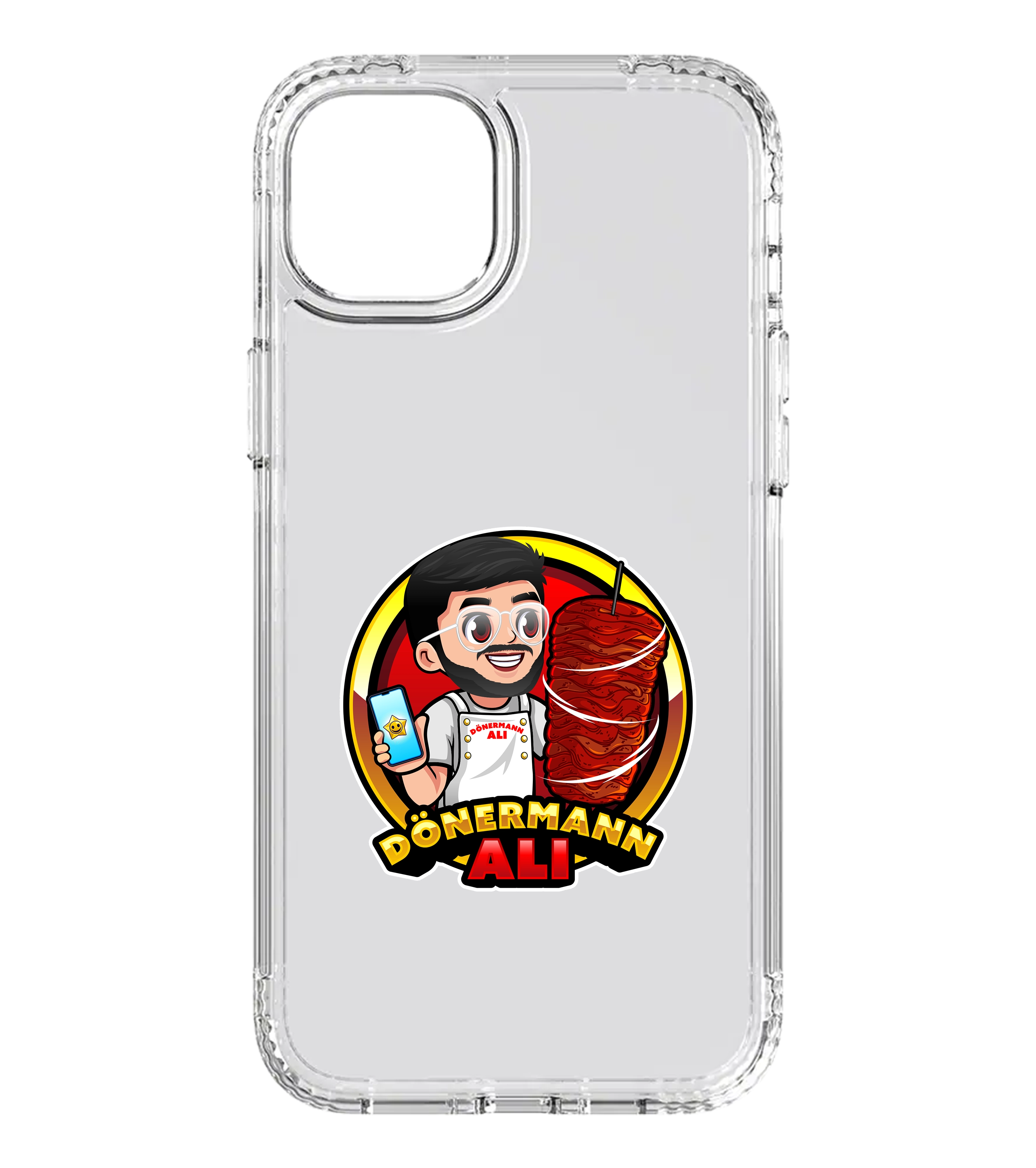 Transparente Handyhuelle mit Dönermann Ali Motiv: Comic-Stil Illustration mit Döner-Spieß und Smartphone, humorvolles Streetfood-Fan-Design für Smartphones.
