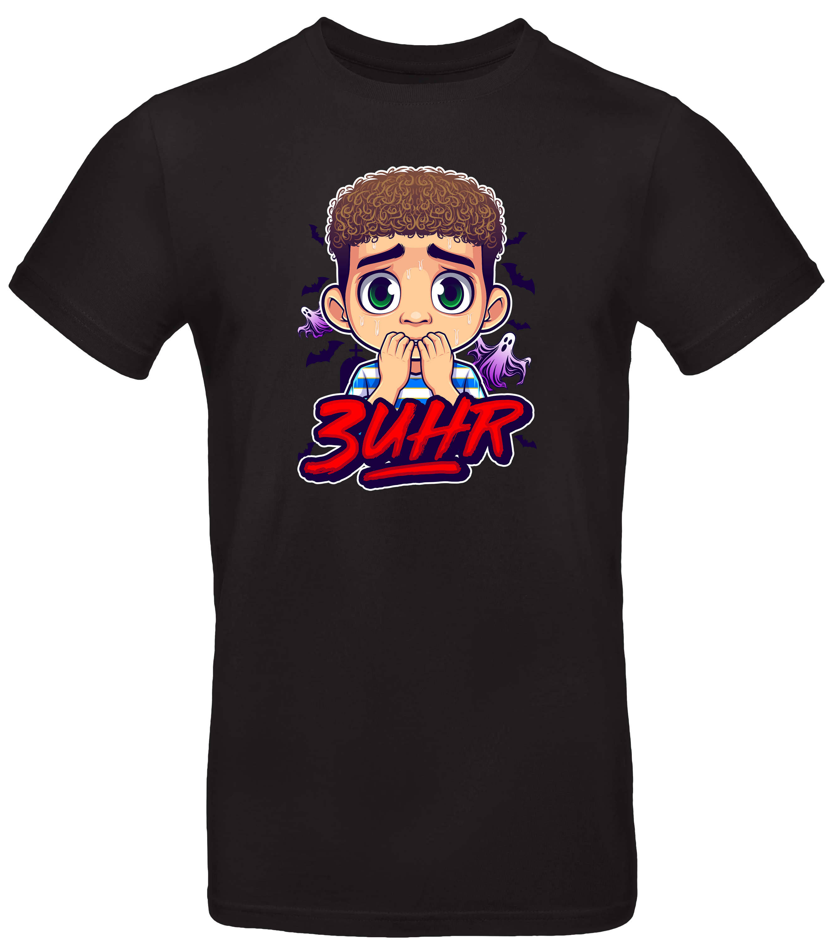 Schwarzes T-Shirt mit 3Uhr-Design von Doktor Light, Comic-Stil mit Fledermäusen, Geist und erschrockenem Gesicht.