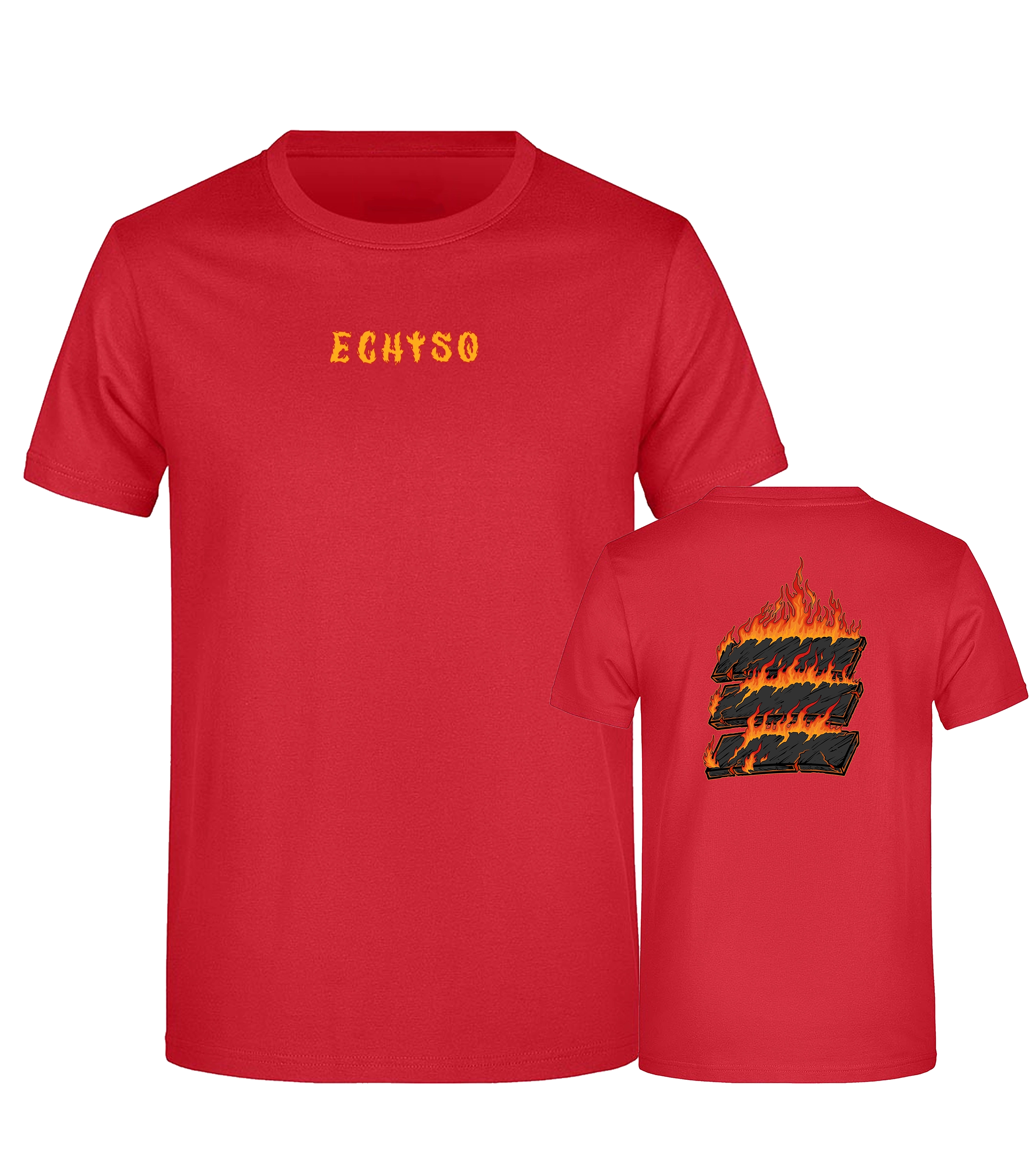 Rotes T-Shirt mit gelbem „Echtso“-Schriftzug auf der Vorderseite und markantem Flammenlogo auf der Rückseite – auffälliges Design aus der neuen Kollektion.