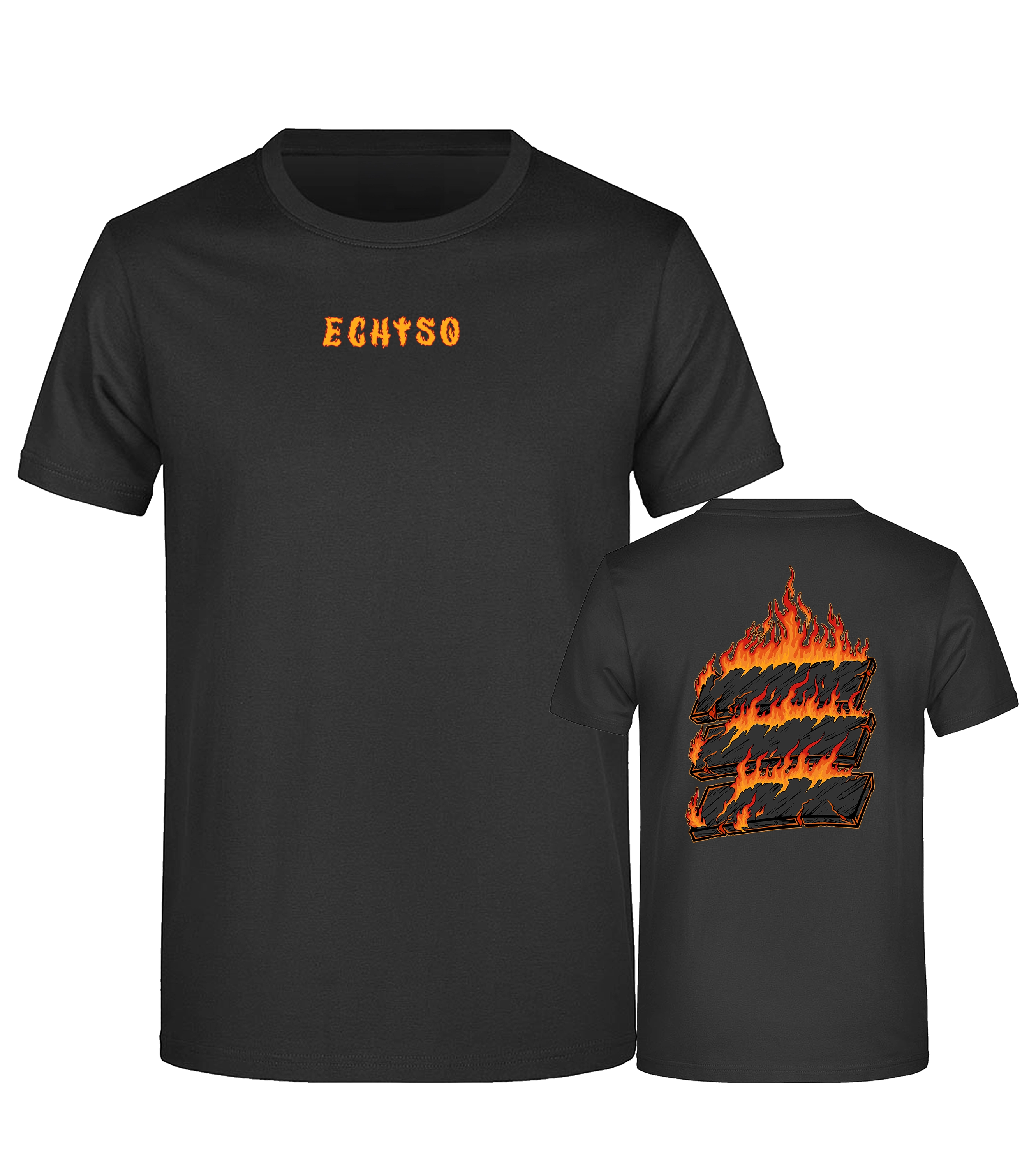 Schwarzes T-Shirt mit orangem „ECHTSO“-Schriftzug auf der Vorderseite und flammendem Holzstapel-Print auf der Rückseite.