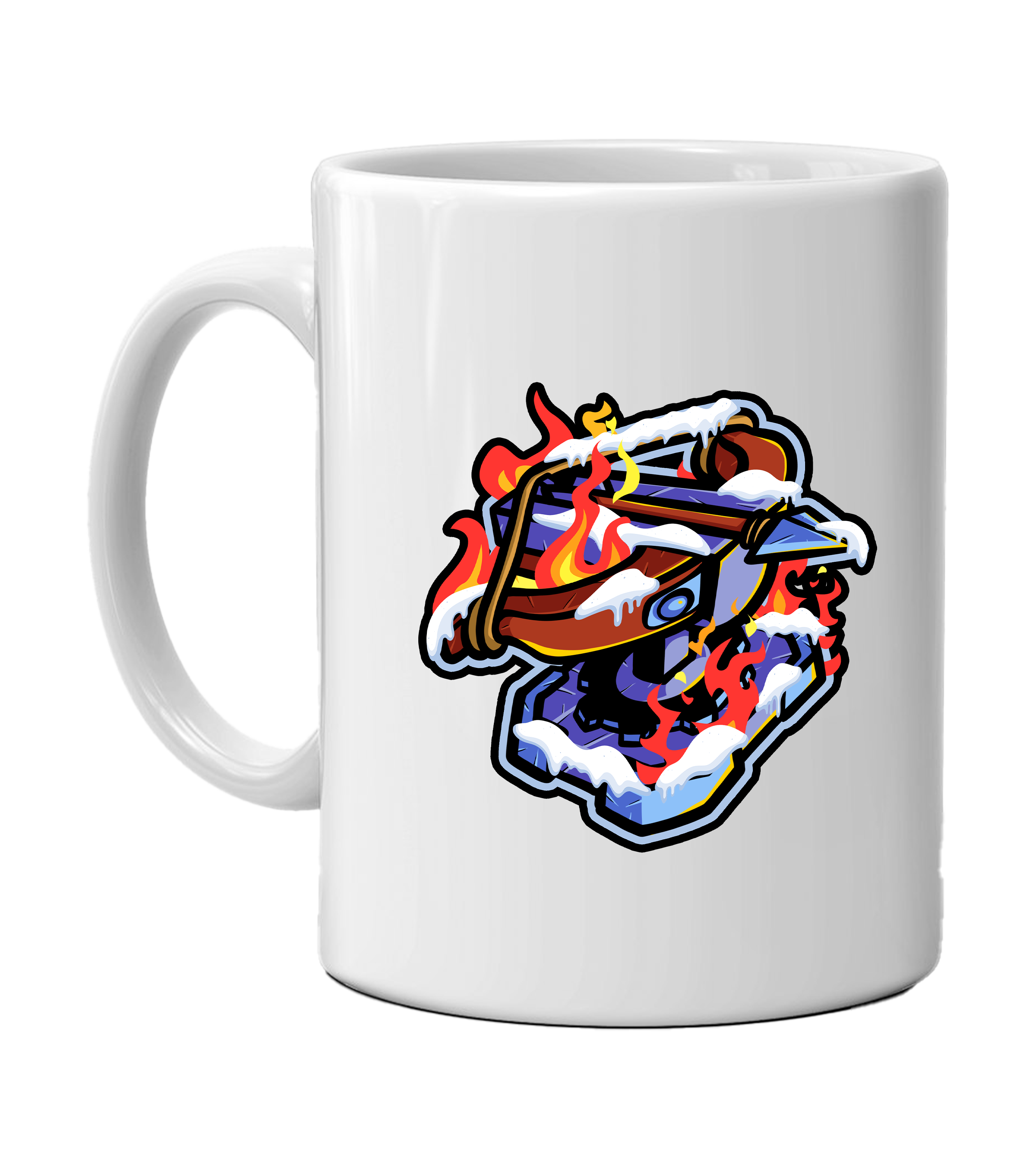 Weiße Tasse mit bunter Gamer-Illustration einer schneebedeckten Armbrust auf brennender Eisplattform – cooles Geschenk für Zocker und Stream-Fans.