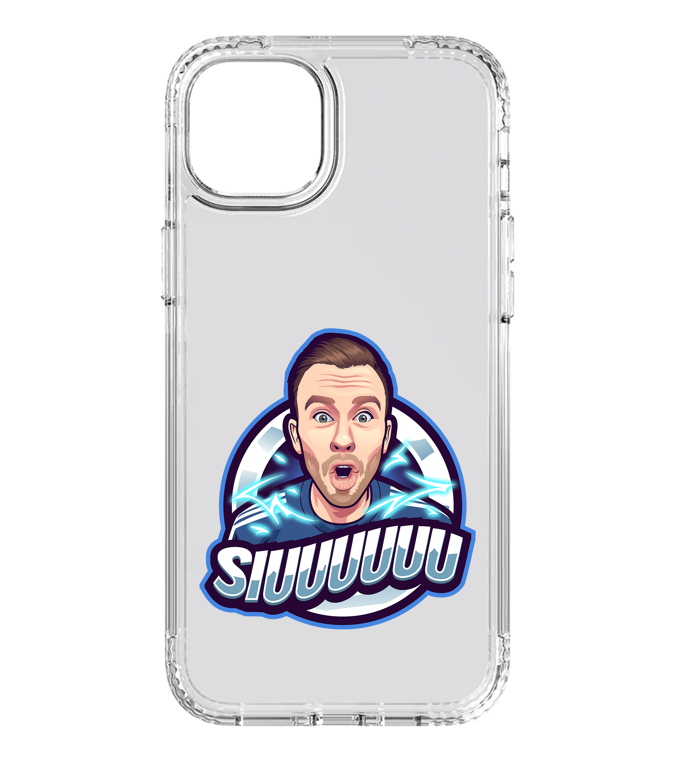 Transparente Handyhülle mit Cartoon-Illustration von Fabiano und dem Schriftzug „Siuuuuuu“ – perfekte Hülle für Fußball- und Gaming-Fans.