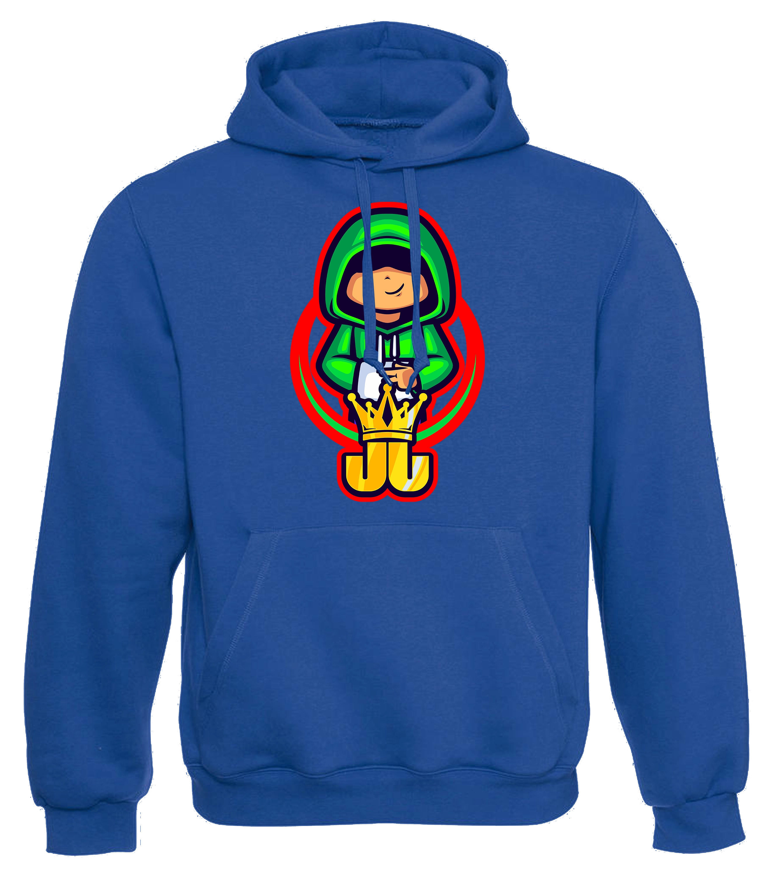 Blauer Hoodie mit Jo Jonas Design: grüner Kapuzen-Charakter mit gelber Krone und Peace-Pose – auffälliges Fan-Merch für Gaming- und Streetwear-Fans.