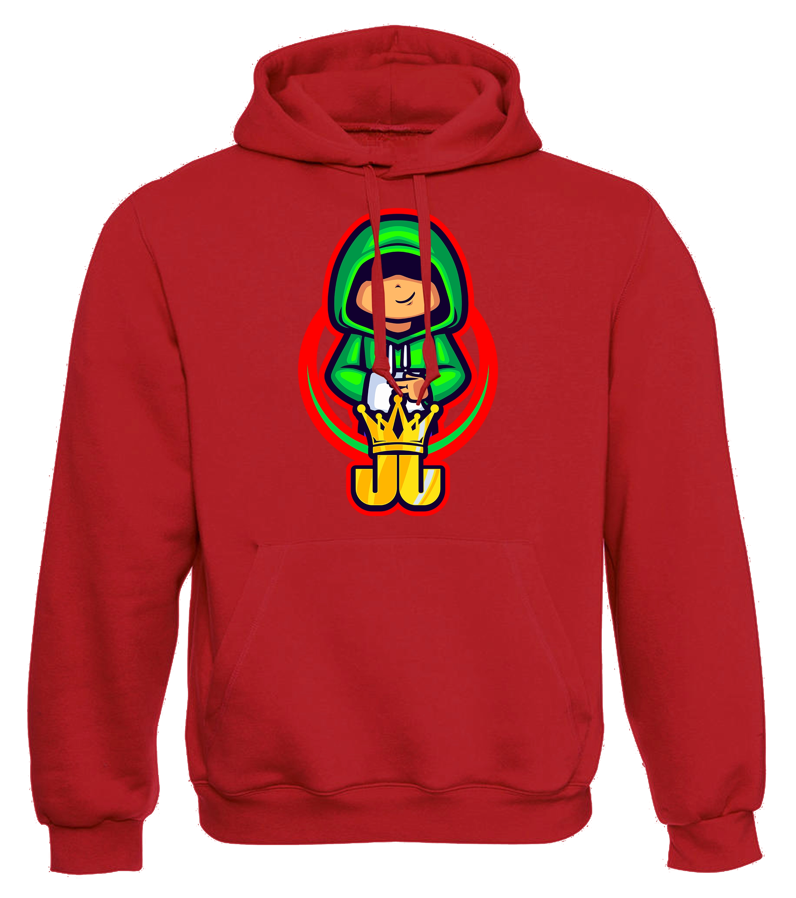 Roter Hoodie mit Jo Jonas Design: stylischer Charakter im grünen Hoodie mit gelber Krone – auffälliges Fan-Merch mit Gaming-Vibe für Teens und Creator-Fans.