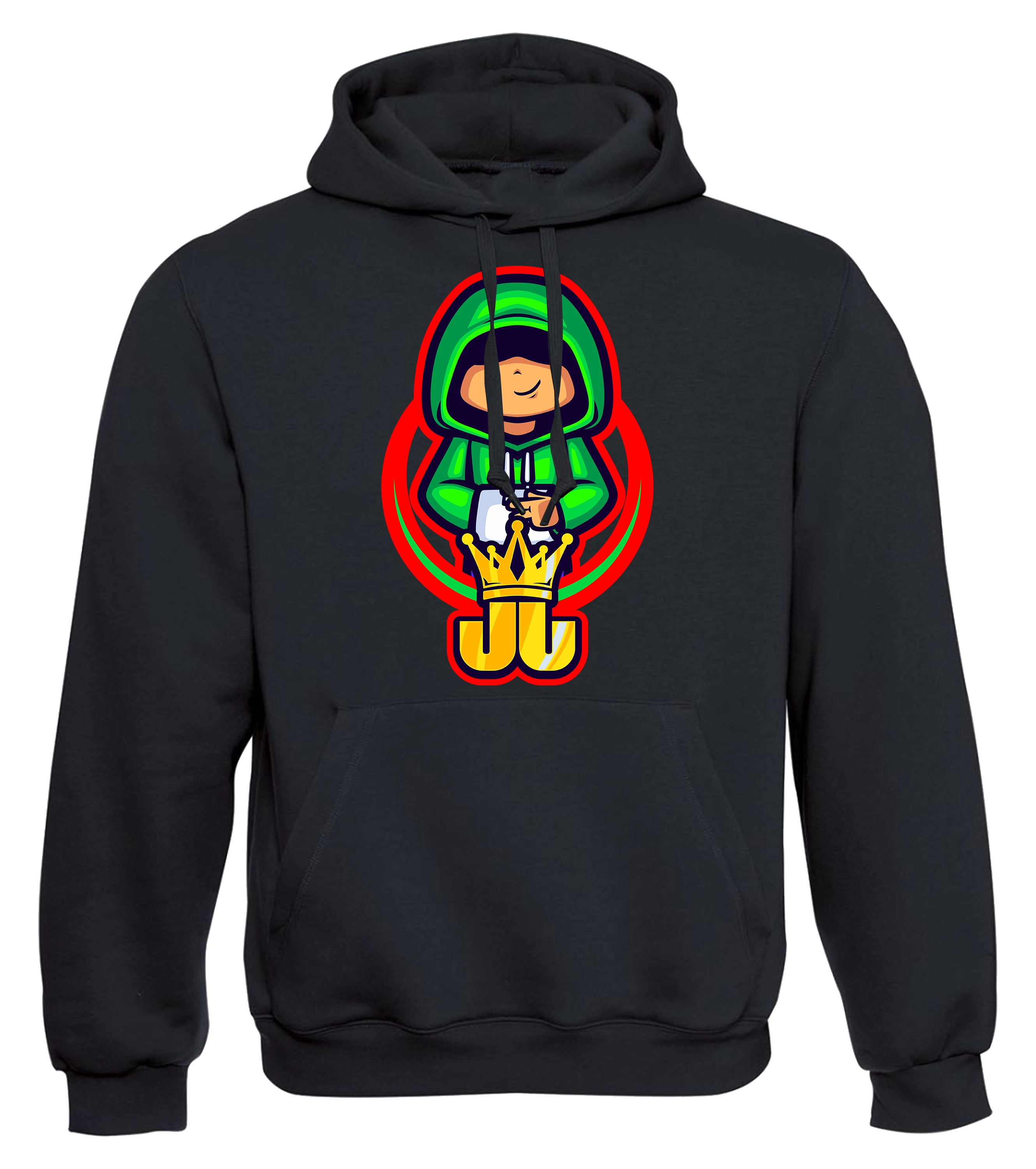 Schwarzer Hoodie mit auffälligem Jo Jonas Motiv: grüner Hoodie-Charakter mit Krone und roten Akzenten – stylisches und bequemes Fan-Merch für Gamer.