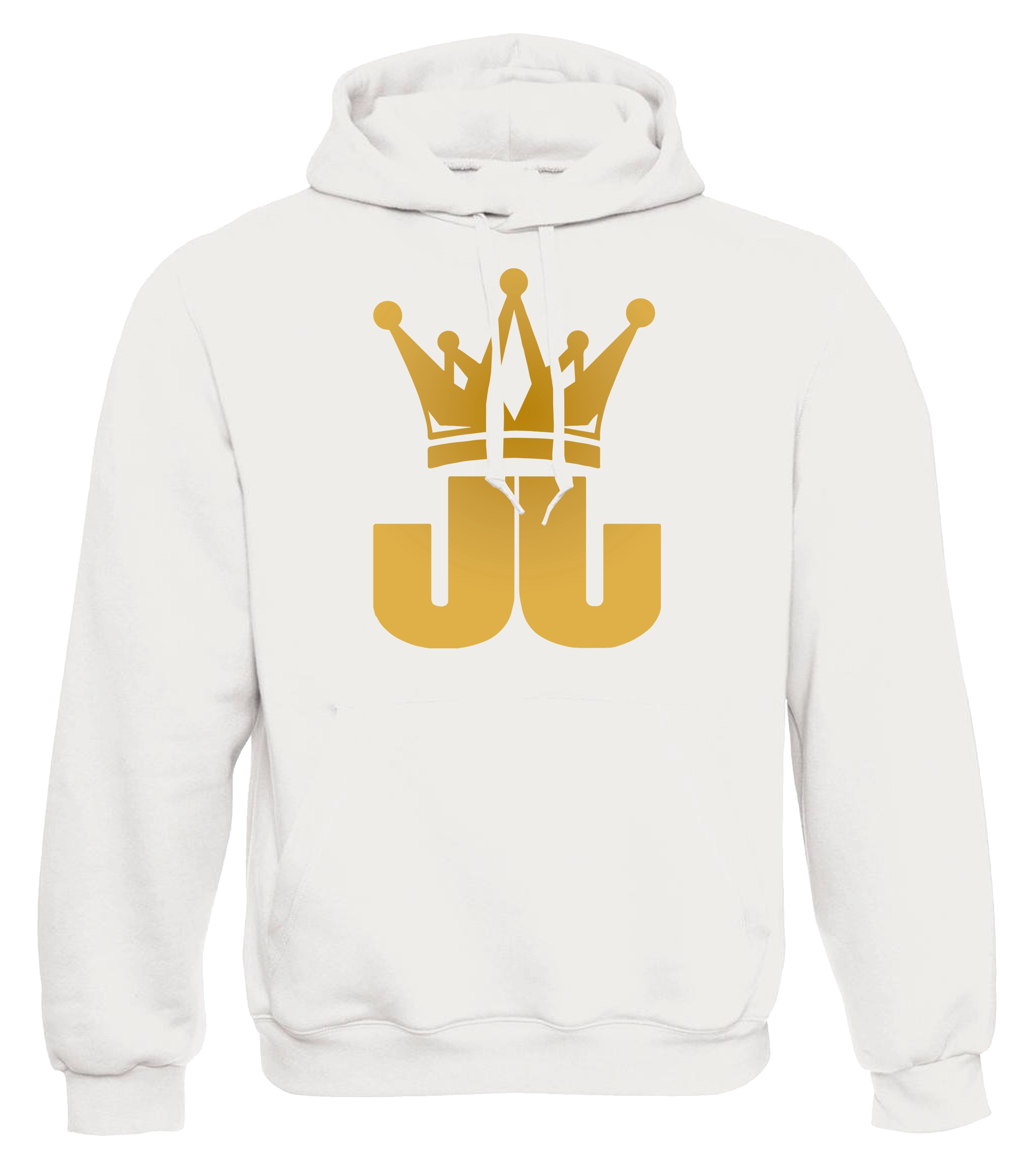 Weißer Hoodie mit goldener JJ-Krone auf der Brust – hochwertiger Kapuzenpullover im Signature-Design von Jo Jonas für Fans und Streetwear-Liebhaber.