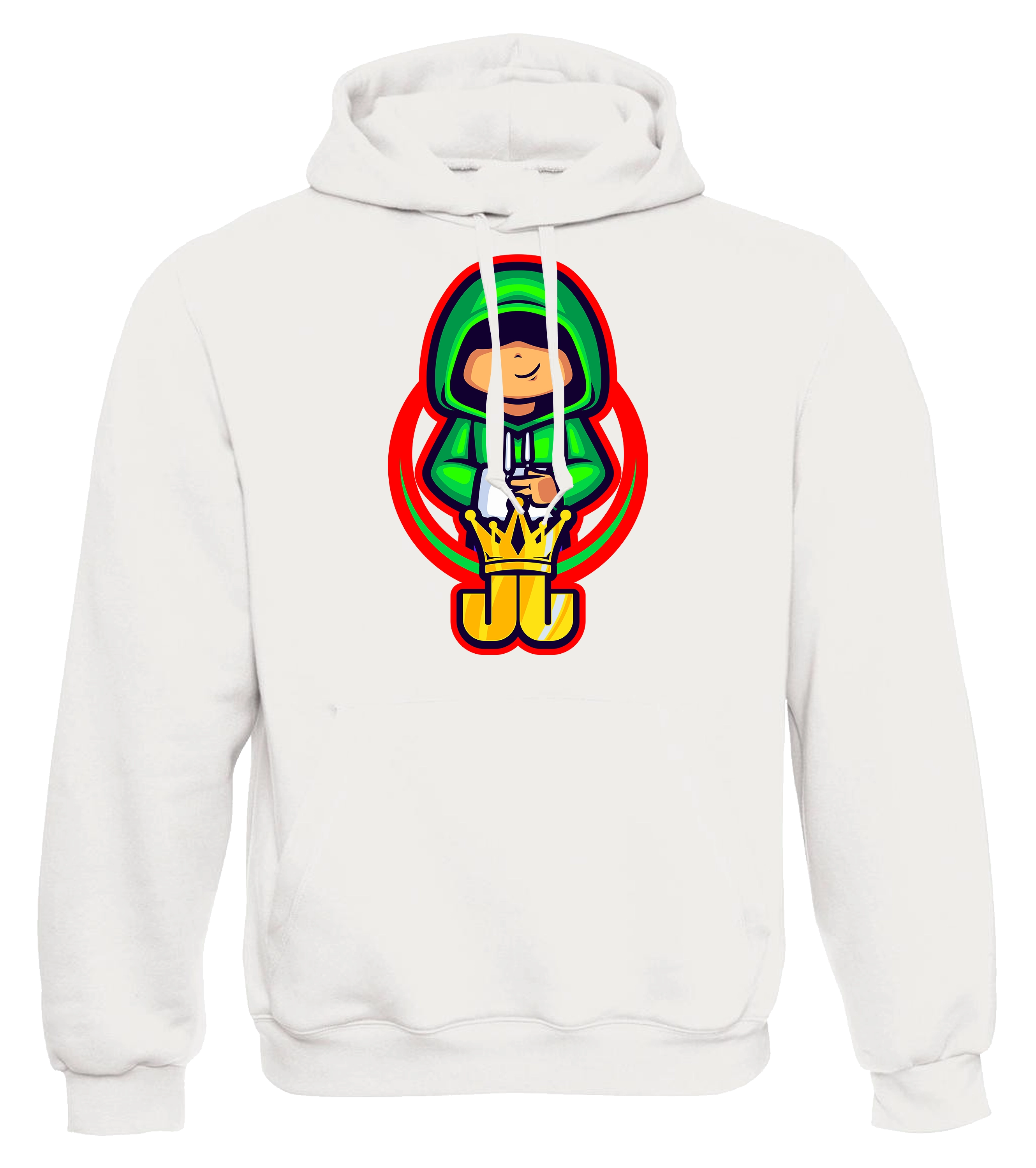 Weißer Jo Jonas Hoodie mit buntem Charakter-Motiv im grünen Hoodie und gelber Krone – stylischer Unisex-Pullover für Fans des Creators.