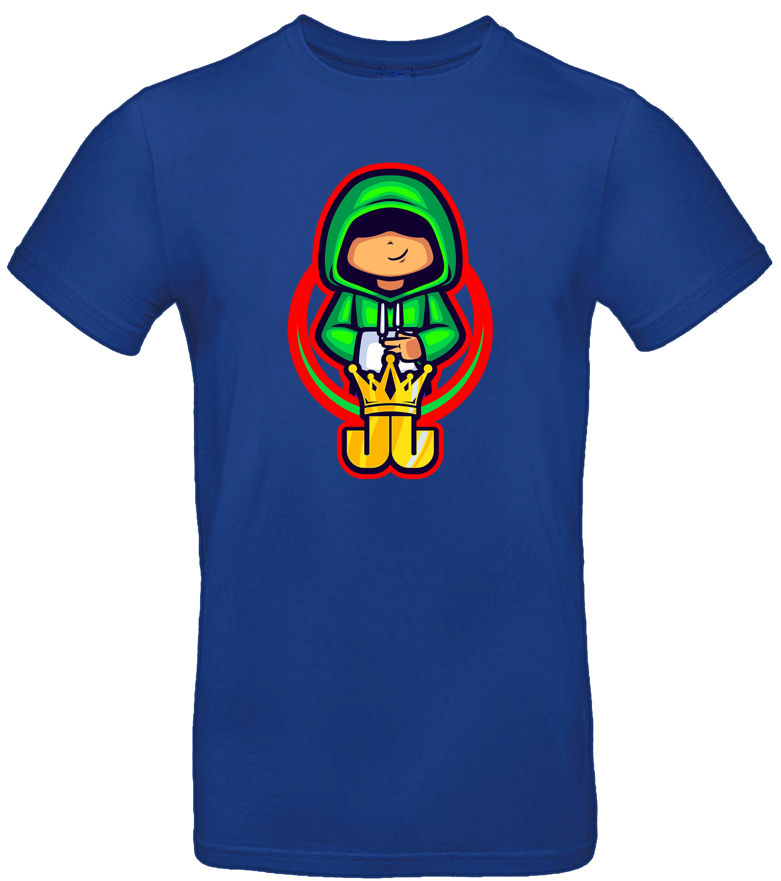 Blaues T-Shirt mit Jo Jonas Peace-Motiv – stylisches Gaming-Design mit grünem Hoodie-Charakter, rotem Rahmen und goldener Krone.