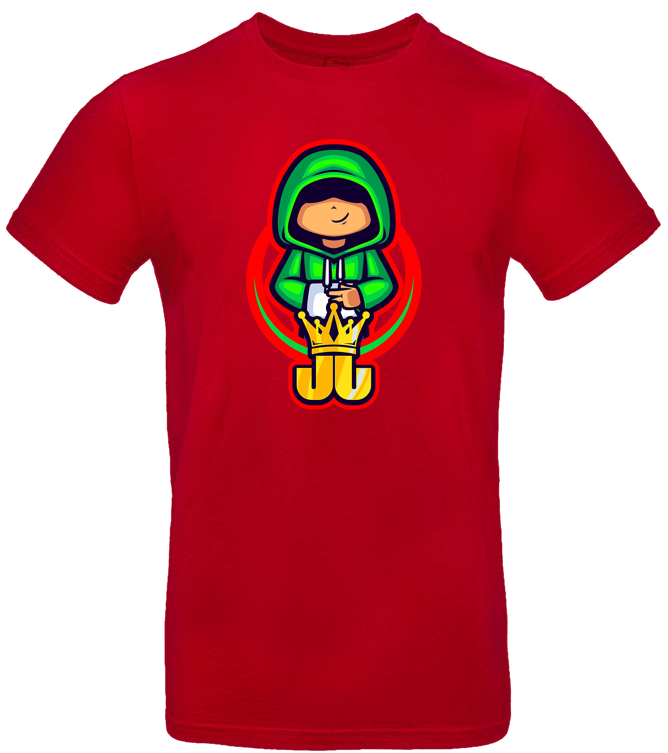 Rotes T-Shirt mit Jo Jonas Peace-Motiv – Gamer-Design mit grünem Hoodie, goldener Krone und markantem roten Hintergrund.