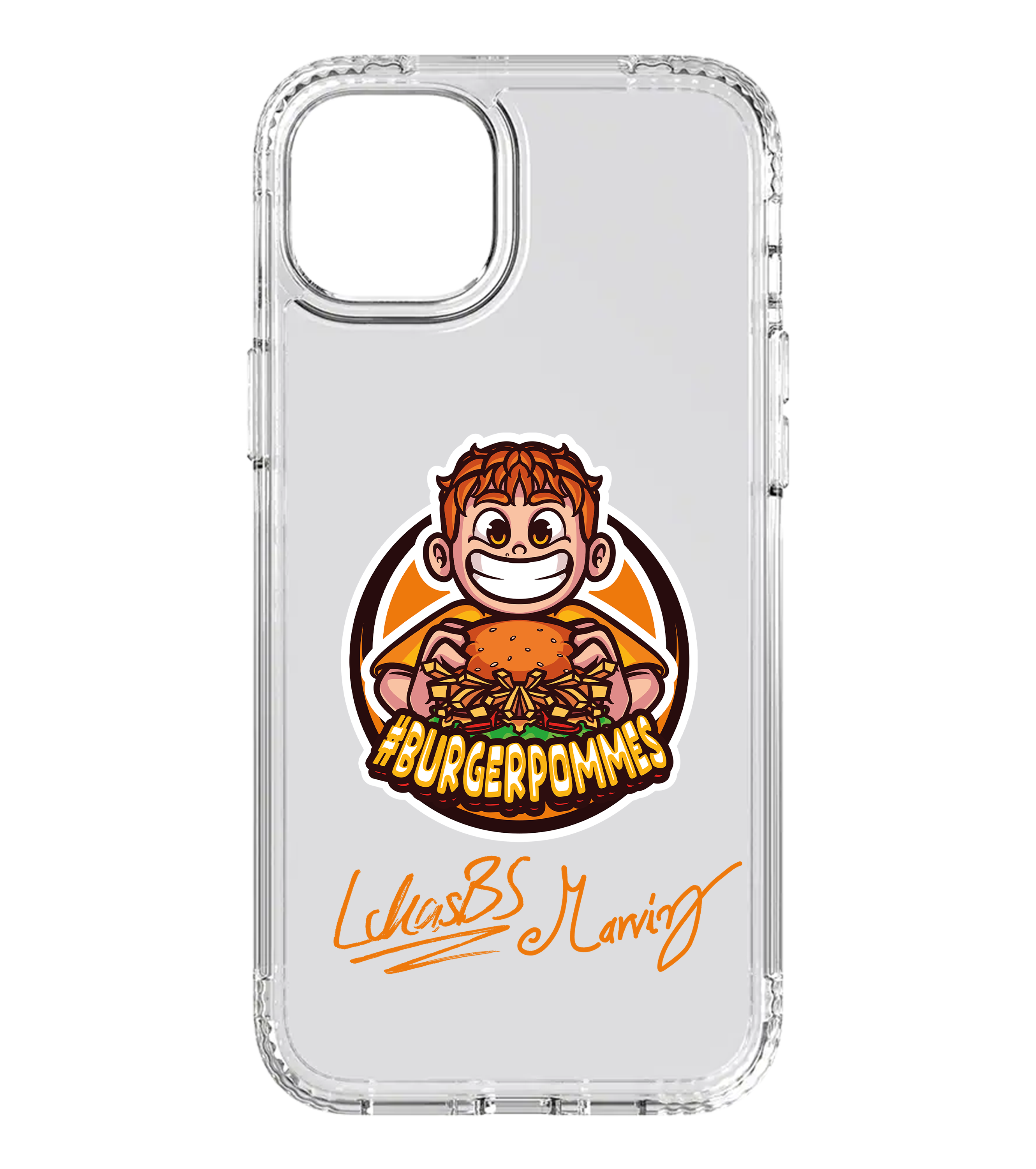 Transparente Handyhülle mit Cartoon-Motiv von LukasBS und Burger in der Hand, Hashtag #Burgerpommes sowie Unterschriften von LukasBS und Marvin.