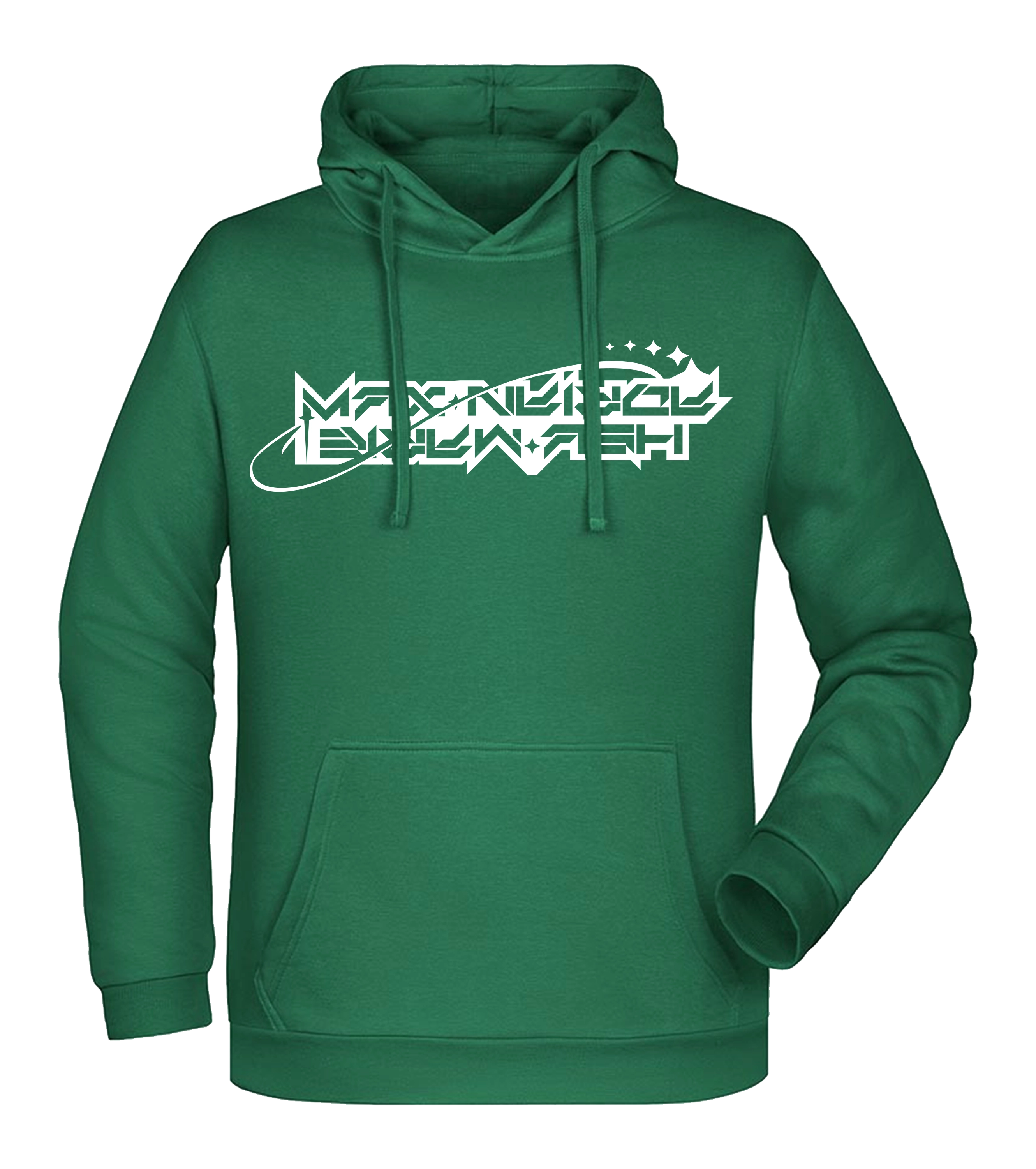Grüner Hoodie mit weißem „Maximale Ehrlichkeit“-Schriftzug in futuristischer Schriftart und Kapuze mit Kordelzug.
