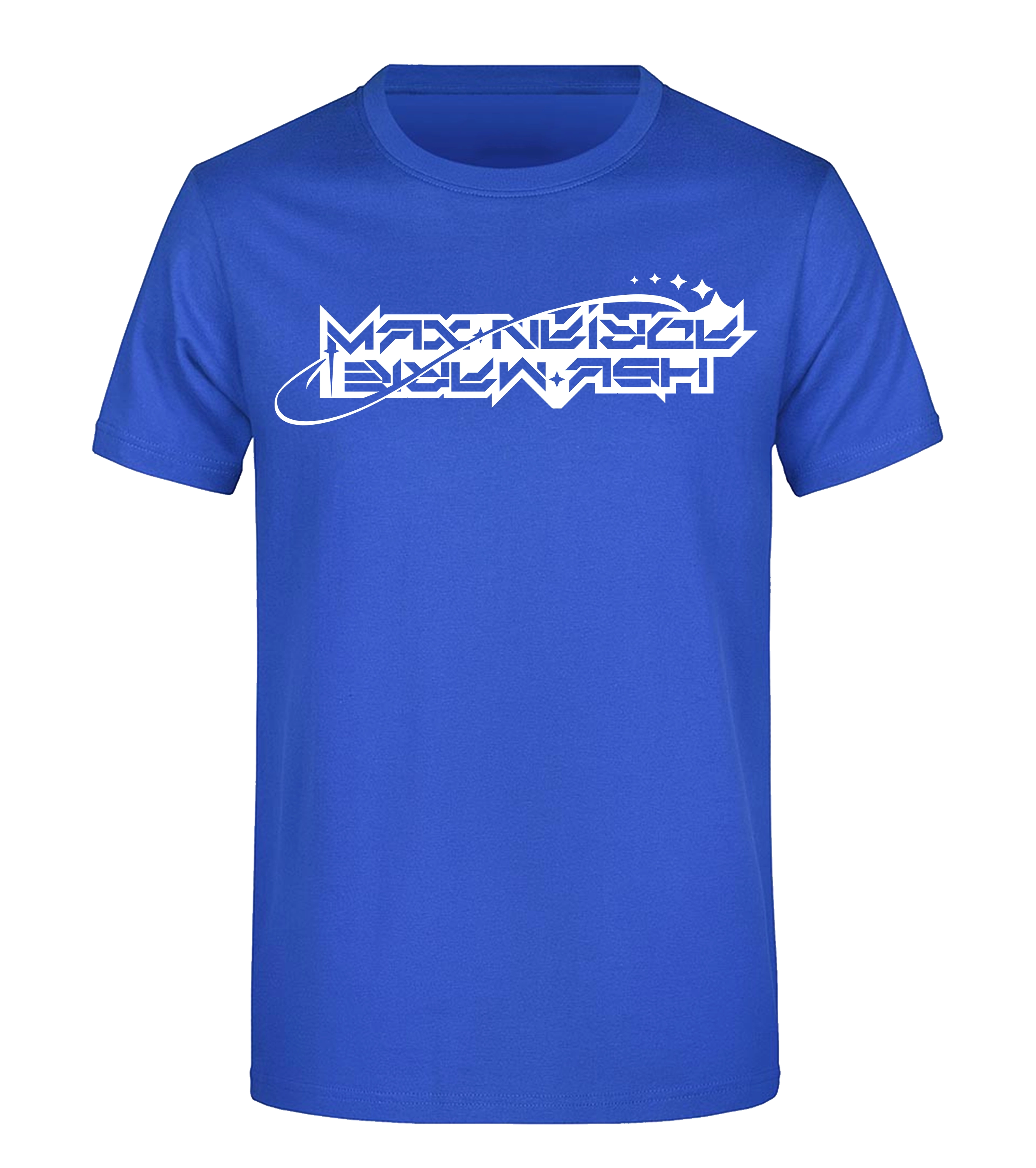 Blaues T-Shirt mit weißem „Maximale Ehrlichkeit“-Logo im futuristischen Design, von vorne fotografiert.