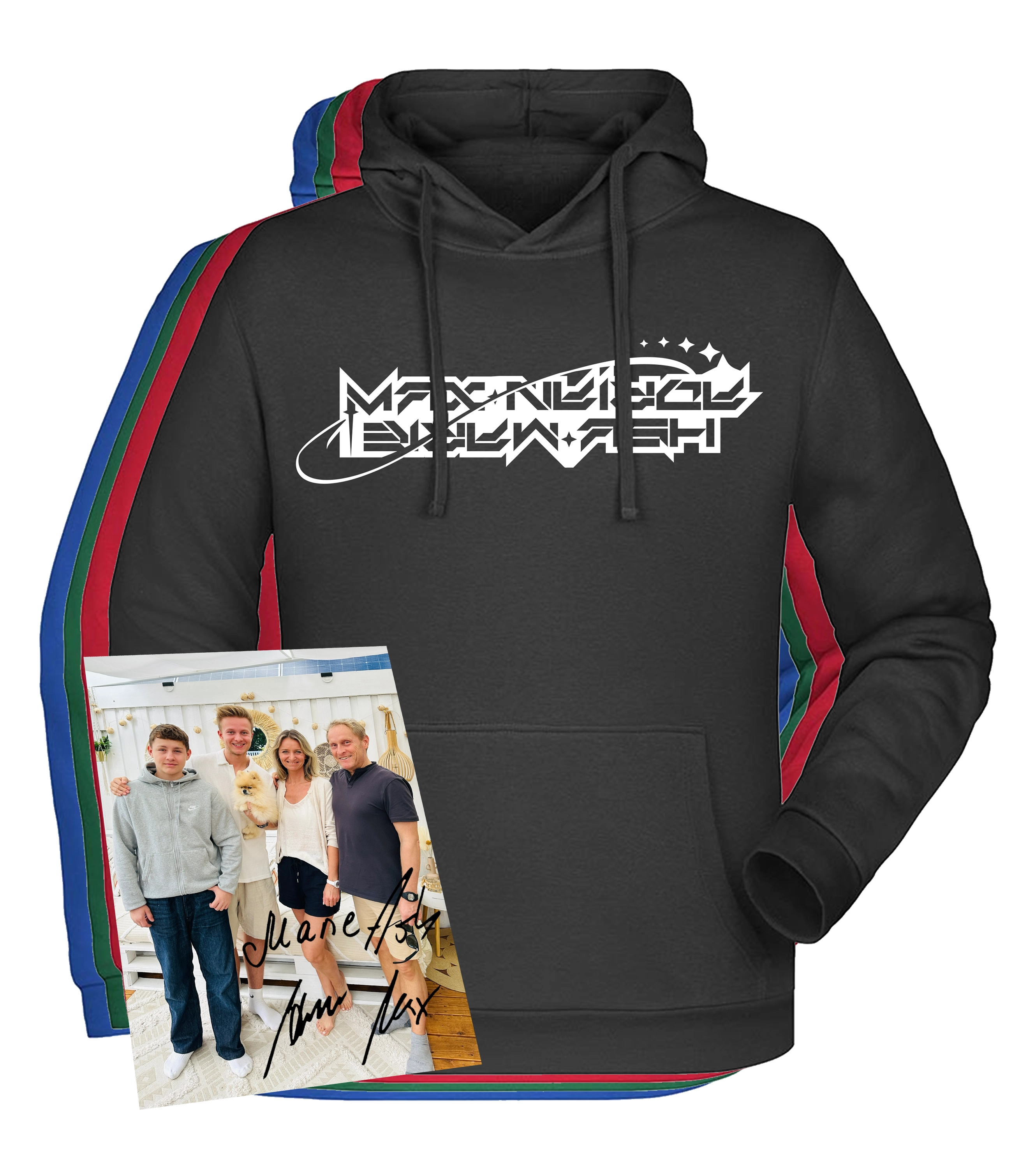 Schwarzes T-Shirt mit weißem „Maximale Ehrlichkeit“-Logo in spaciger Schrift und Autogrammkarte von Aaron Troschke mit Familie.