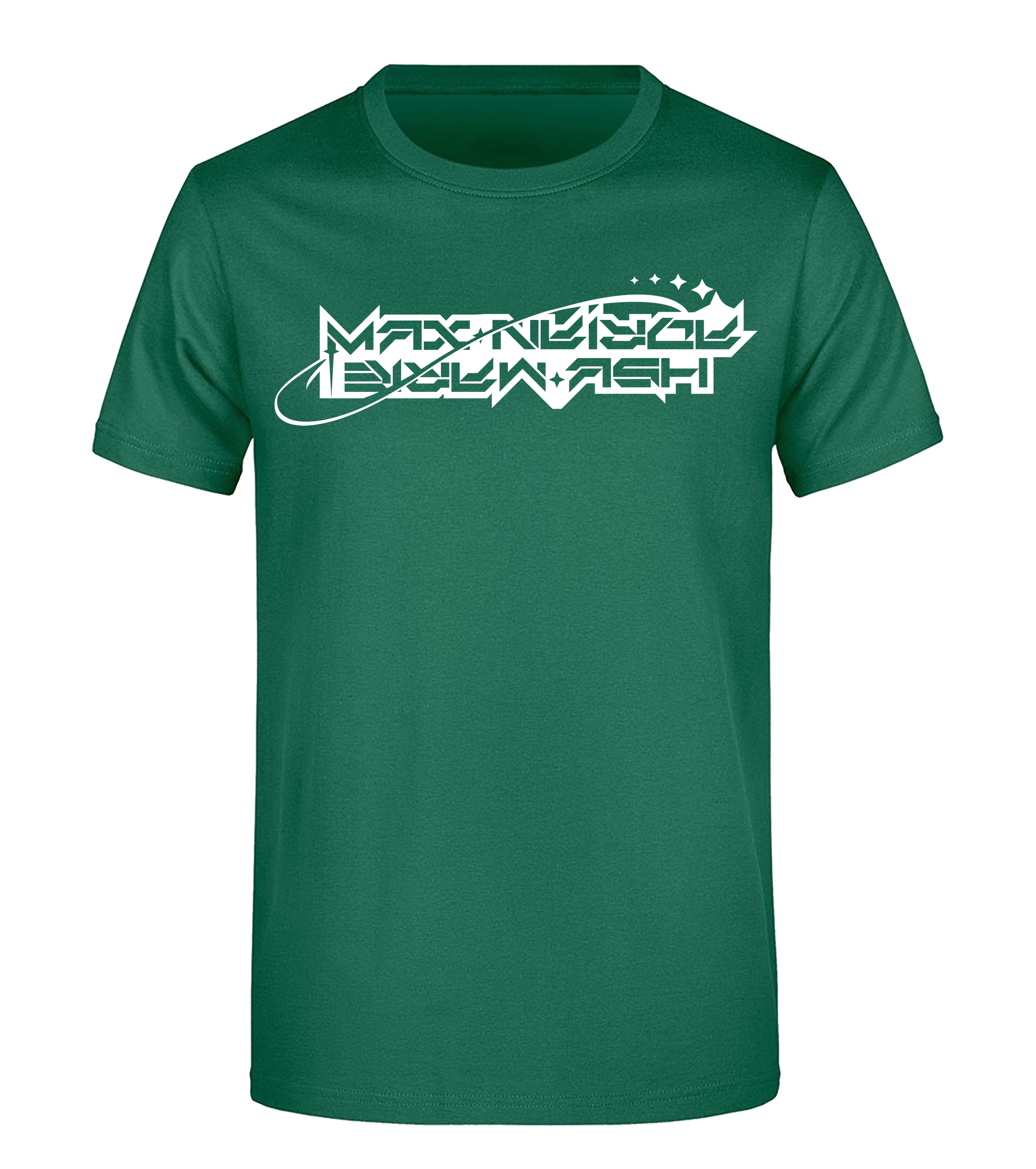 Grünes T-Shirt mit weißem „Maximale Ehrlichkeit“-Logo in spaciger Schriftart, frontal dargestellt.