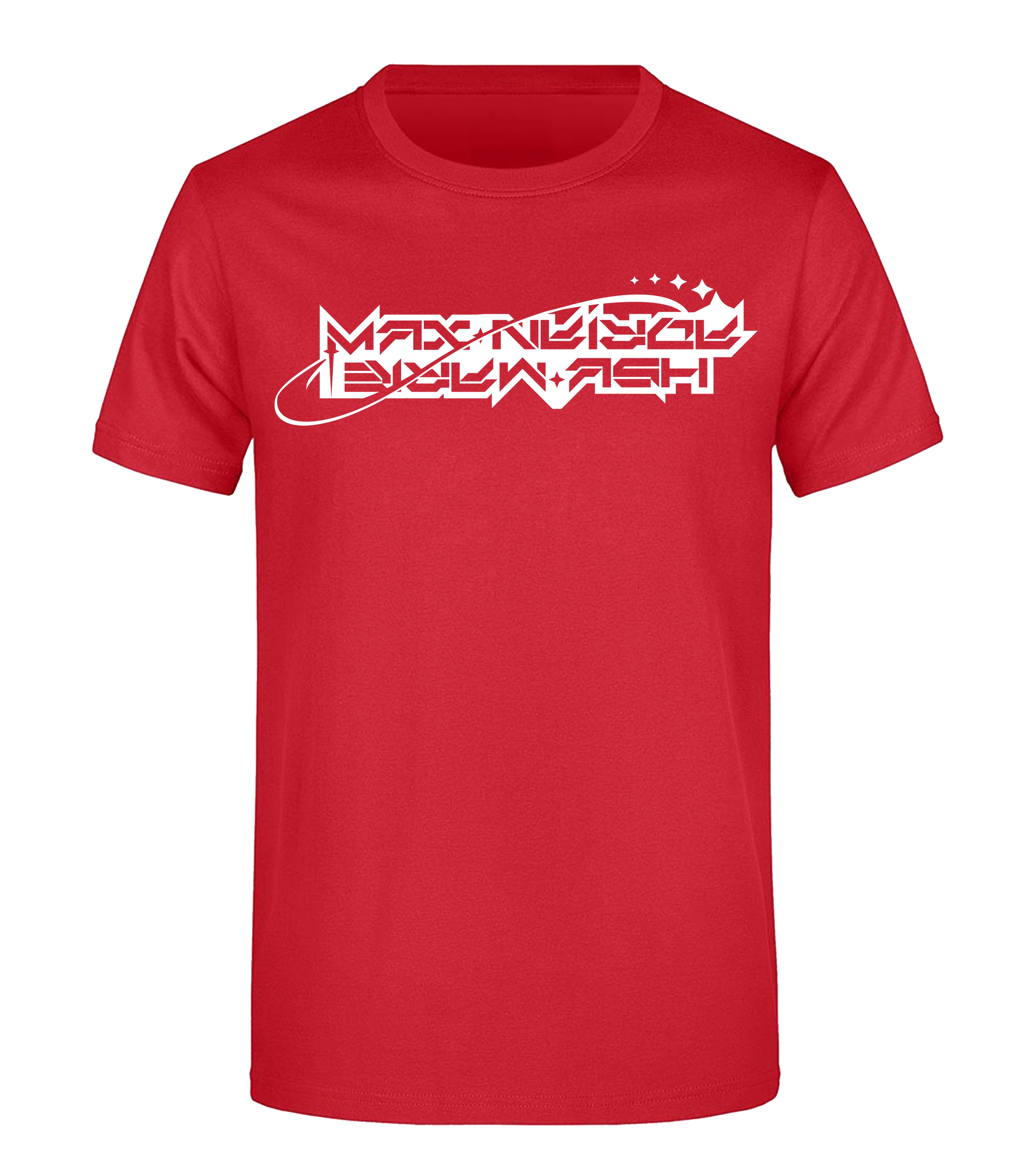 Rotes T-Shirt mit weißem „Maximale Ehrlichkeit“-Logo in spaciger Schriftart, frontal abgebildet.