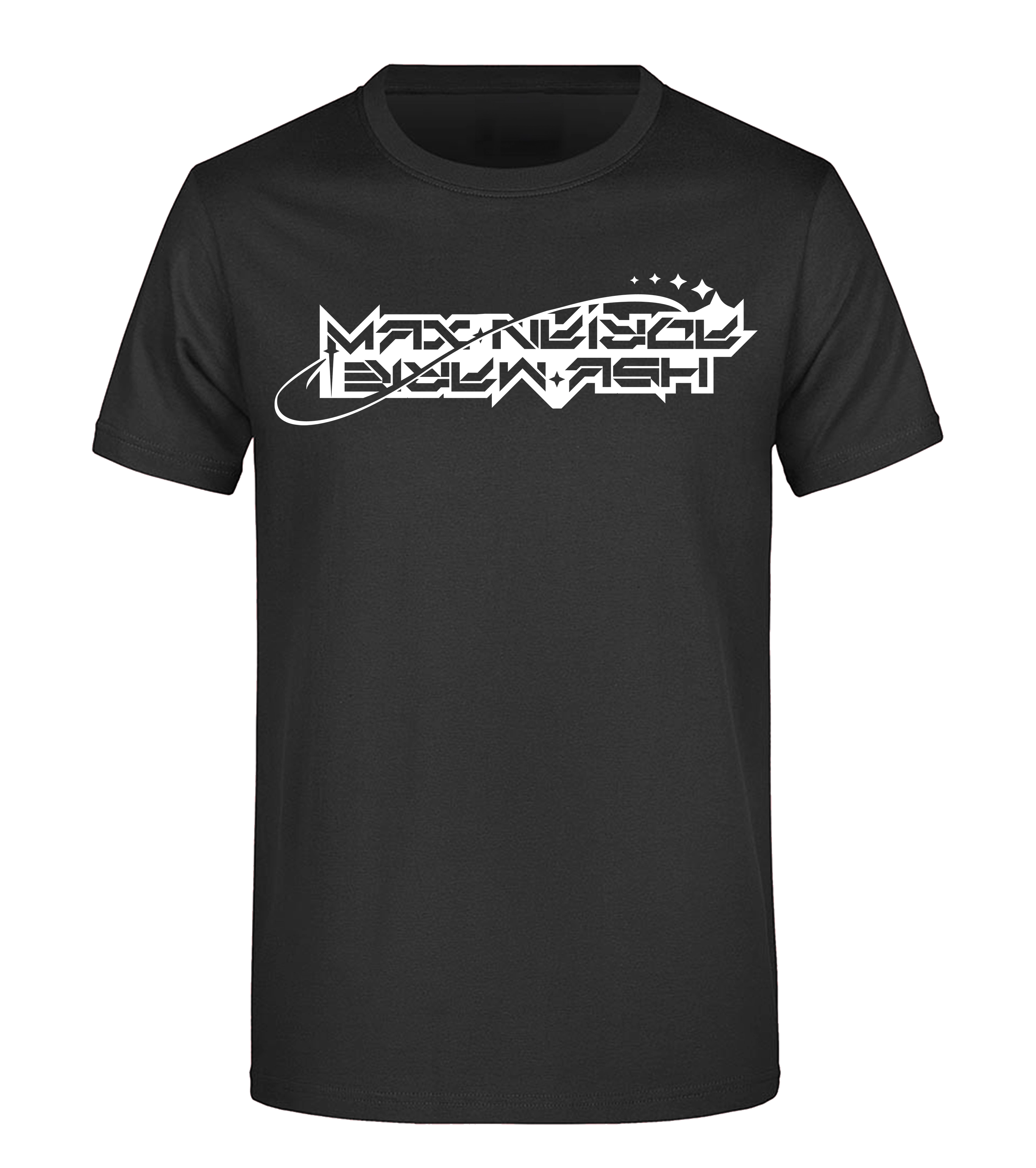 Schwarzes T-Shirt mit auffälligem weißen „Maximale Ehrlichkeit“-Logo in futuristischer Schriftart, Frontansicht.