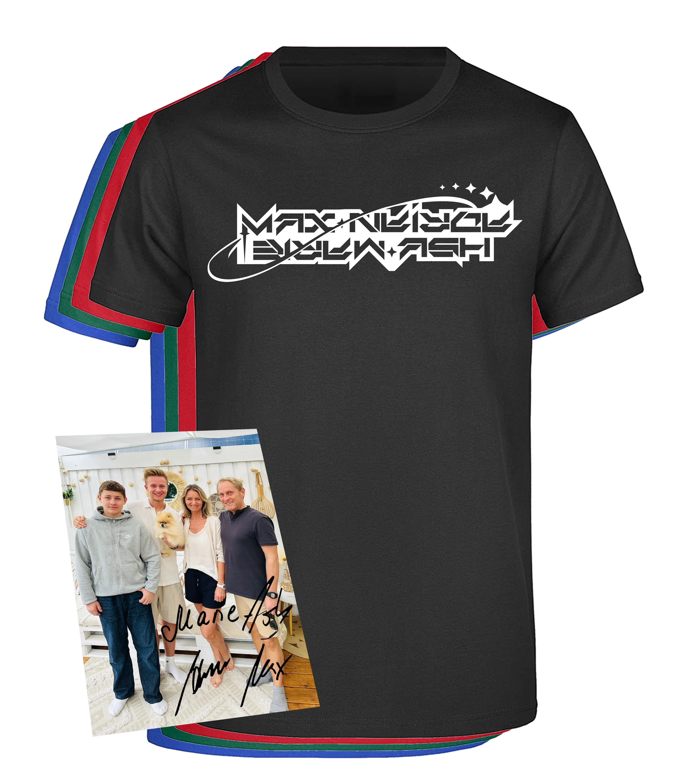 Mehrfarbiges „Maximale Ehrlichkeit“-T-Shirt-Bundle mit spacigem Logo in Weiß auf schwarzem Shirt und signierter Autogrammkarte von Aaron Troschke mit Familie.