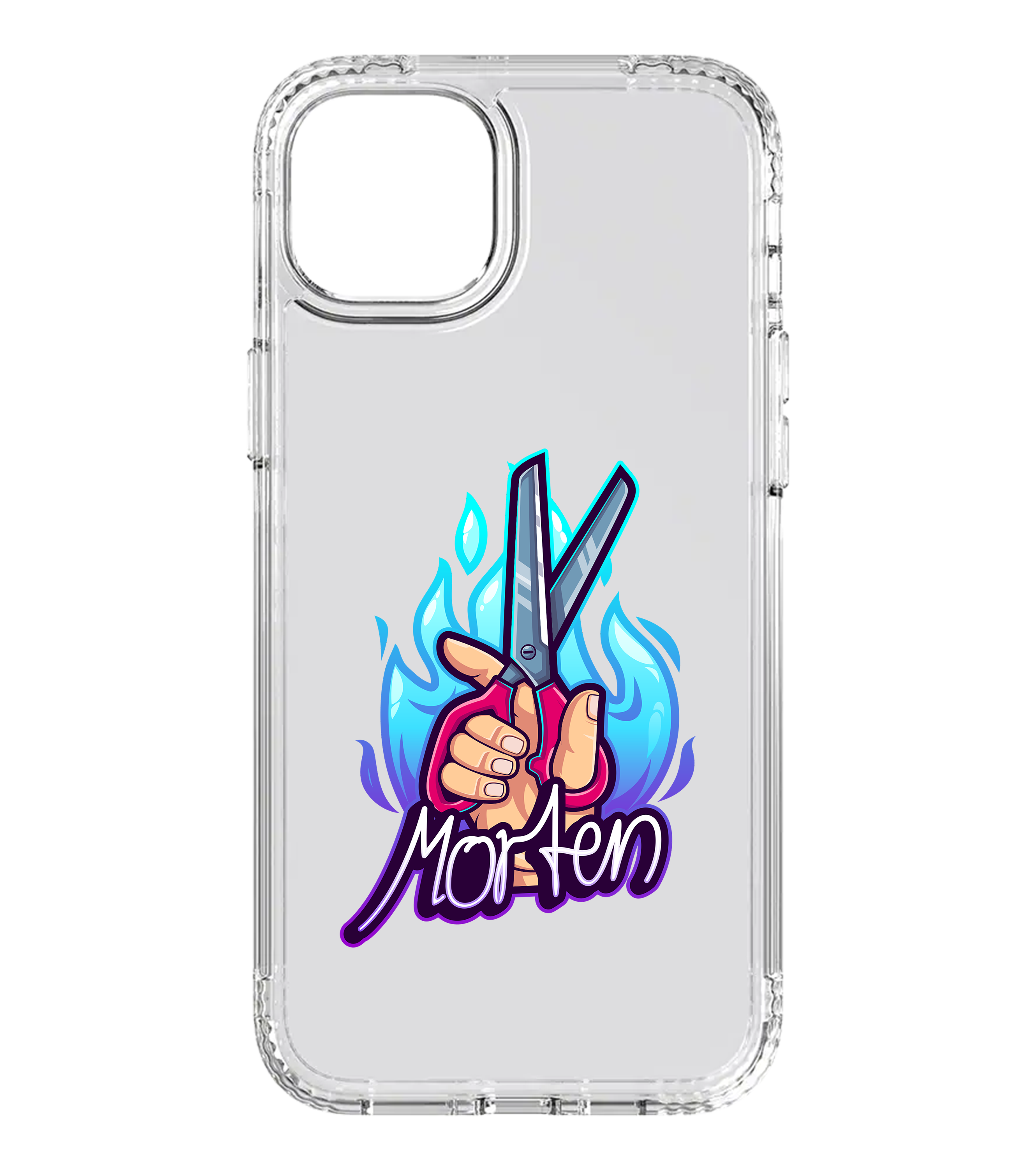 Transparente Handyhülle mit flammendem Scherenlogo und „Morten“-Schriftzug – stylisches Accessoire für Fans des Clash Royale Pros.