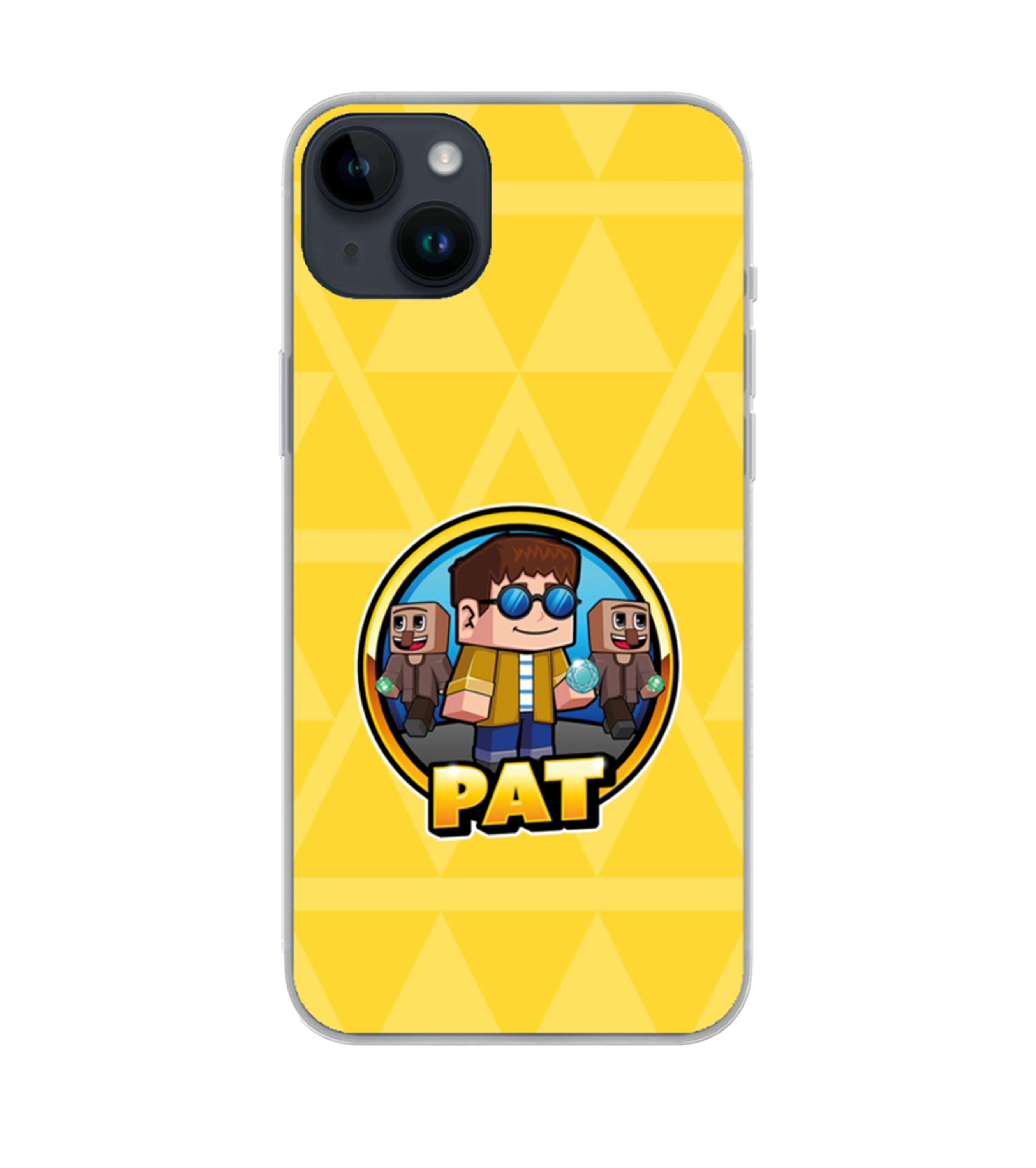 Gelbe Handyhülle mit PAT-Motiv im Minecraft-Stil und zwei Spielfiguren im Hintergrund