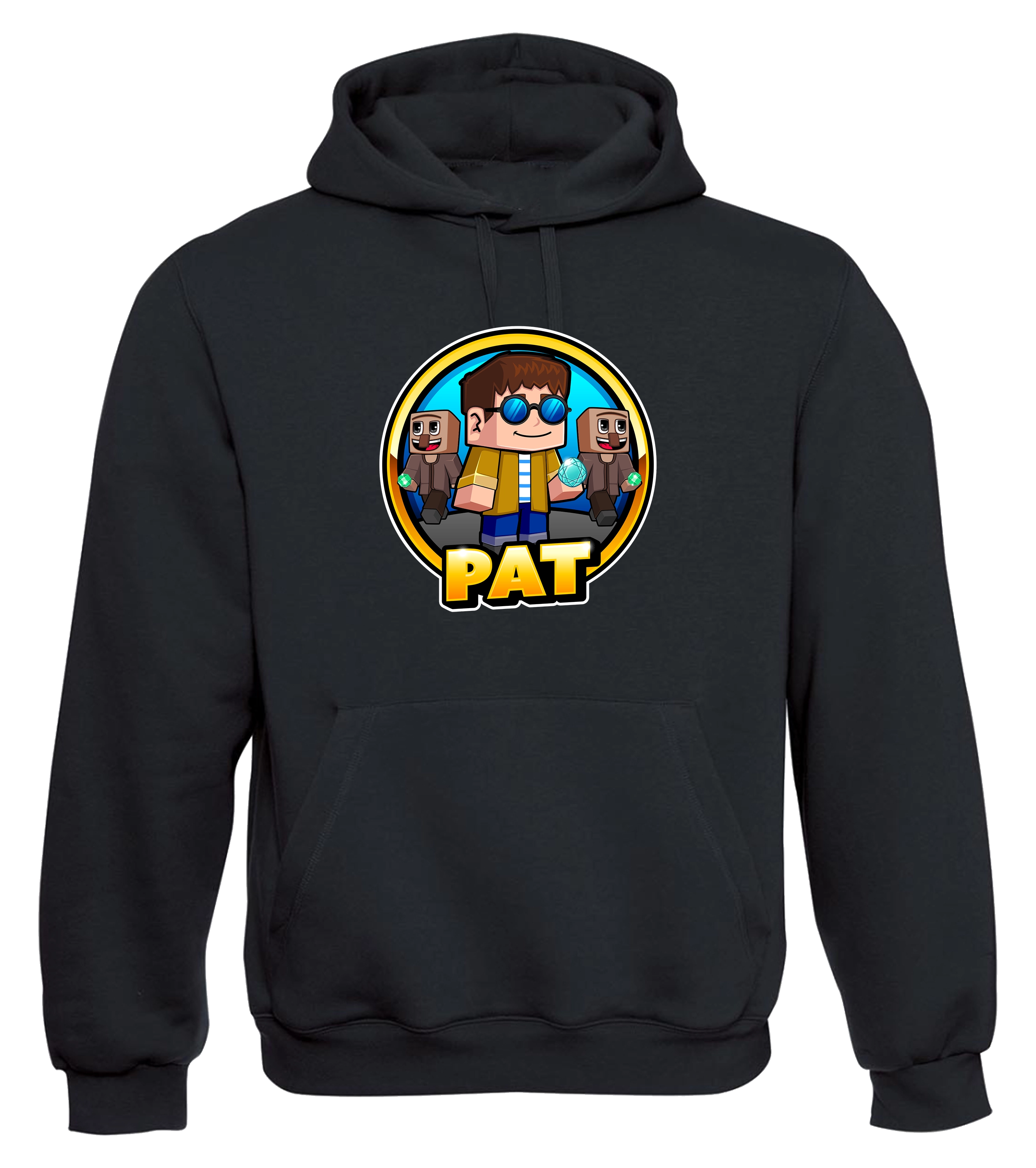 Schwarzer Hoodie mit großem PAT-Motiv im Minecraft-Design, zeigt die Figur PAT mit zwei Begleitern und Diamant in der Hand. Ideal für Fans von Minecraft-Content und stylischem Creator-Merch – gemütlich, hochwertig und auffällig im Look.