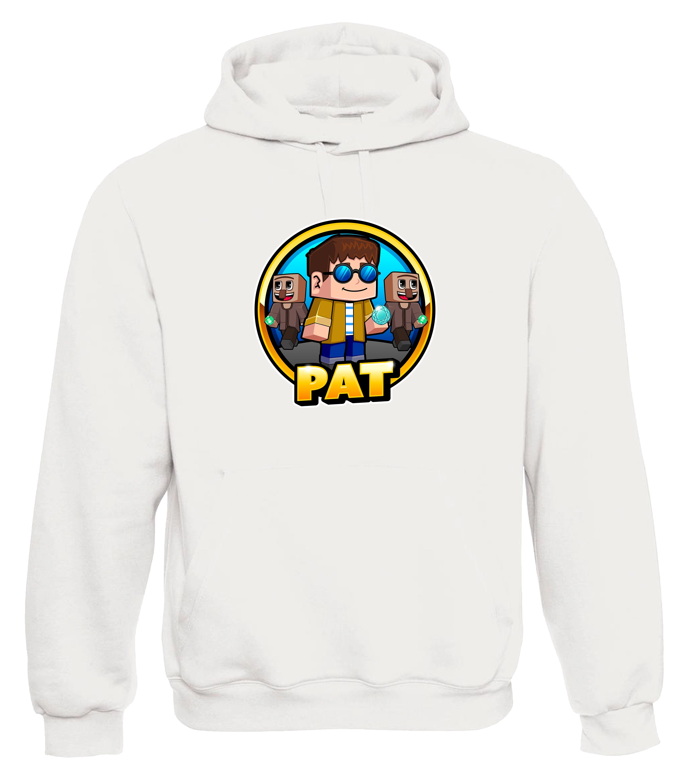 Weißer Kapuzenpullover mit farbenfrohem PAT-Pixelmotiv auf der Brust – inspiriert vom Minecraft-Stil. Zeigt PAT mit Sonnenbrille, Diamant und zwei Sidekicks im Cartoon-Look. Perfekt für Fans von Gaming-Content und lässigem Creator-Merch.