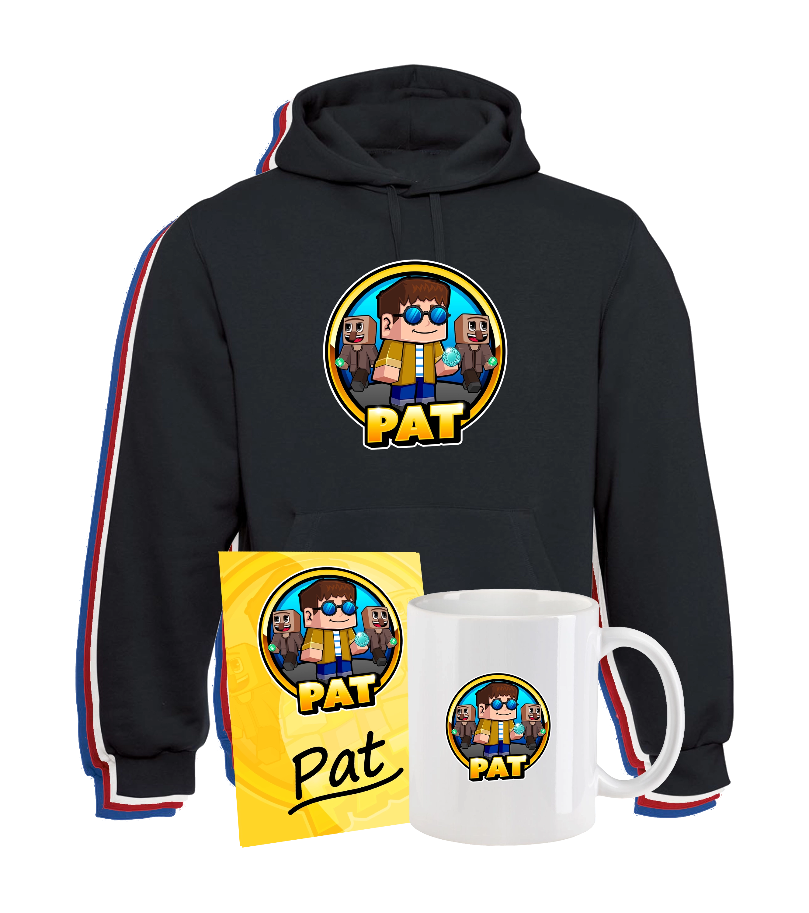 Komplettes PAT-Merchandise-Bundle mit Hoodie, Tasse und Autogrammkarte im charakteristischen Minecraft-Stil. Enthält ikonisches PAT-Motiv mit 3D-Figuren-Optik, ideal für Fans des beliebten Creators – perfekt als Geschenkset oder Sammlerstück.