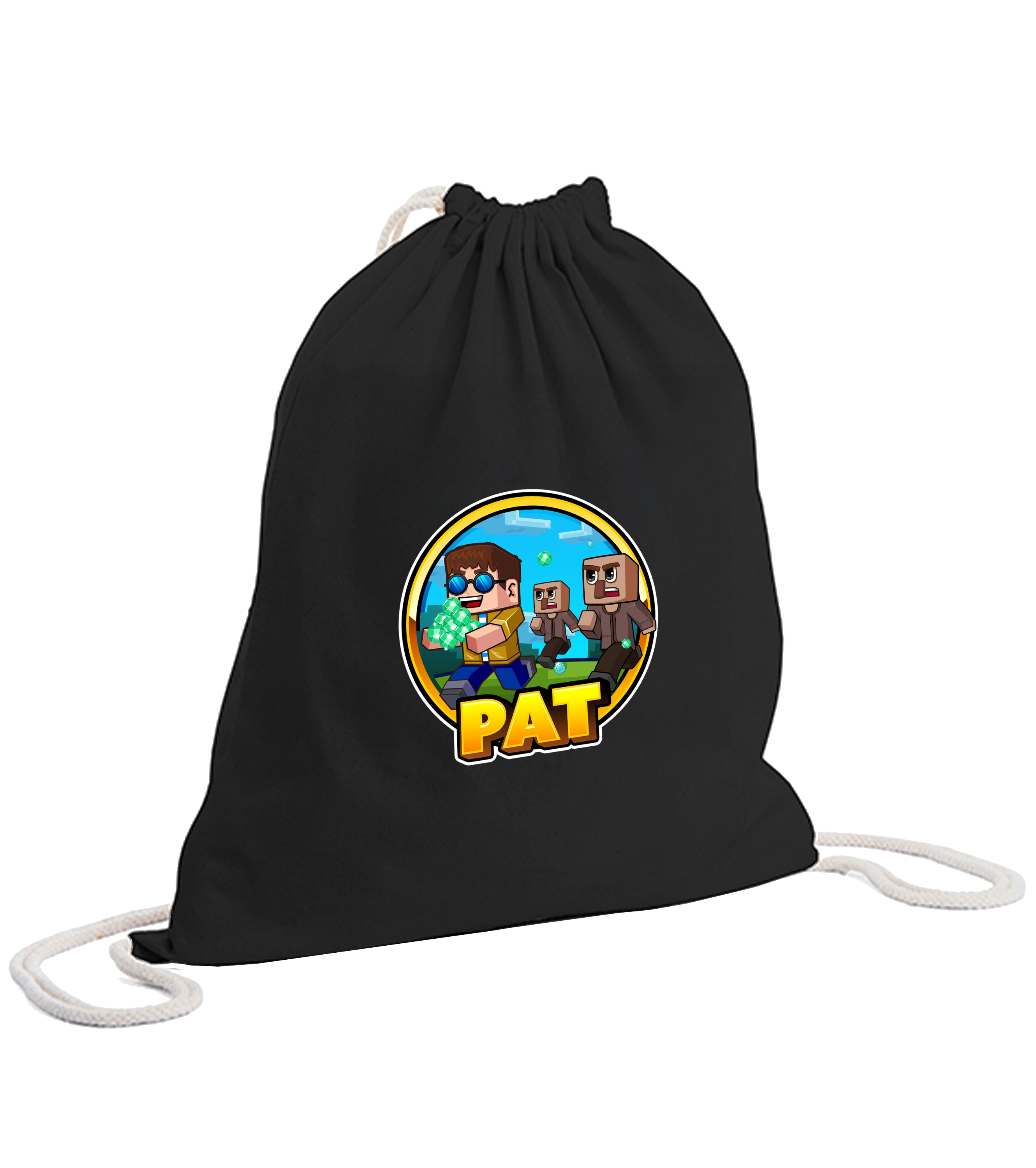 Schwarzer Turnbeutel mit weißem Kordelzug und auffälligem Pat-Logo. Das Comic-Motiv zeigt Pat mit Diamanten in der Hand, verfolgt von blockartigen Figuren, ergänzt durch den gelben Schriftzug „PAT“. Praktisch und stylisch für Schule, Sport oder Freizeit.