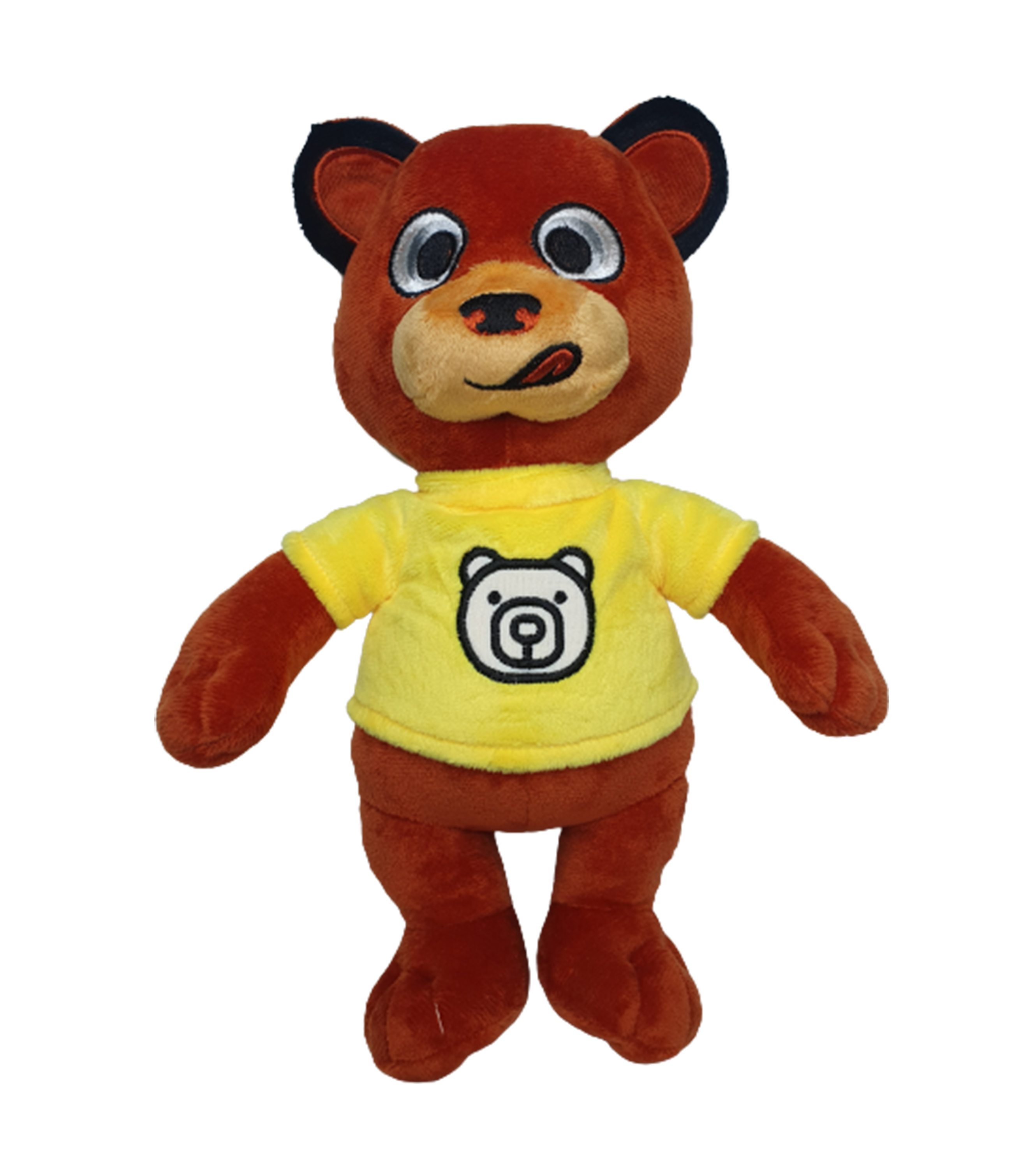DerNtia Plüschtier in Bärenform mit gelbem Shirt und Bärenlogo – offizieller Fanartikel für Kinder und Sammler.
