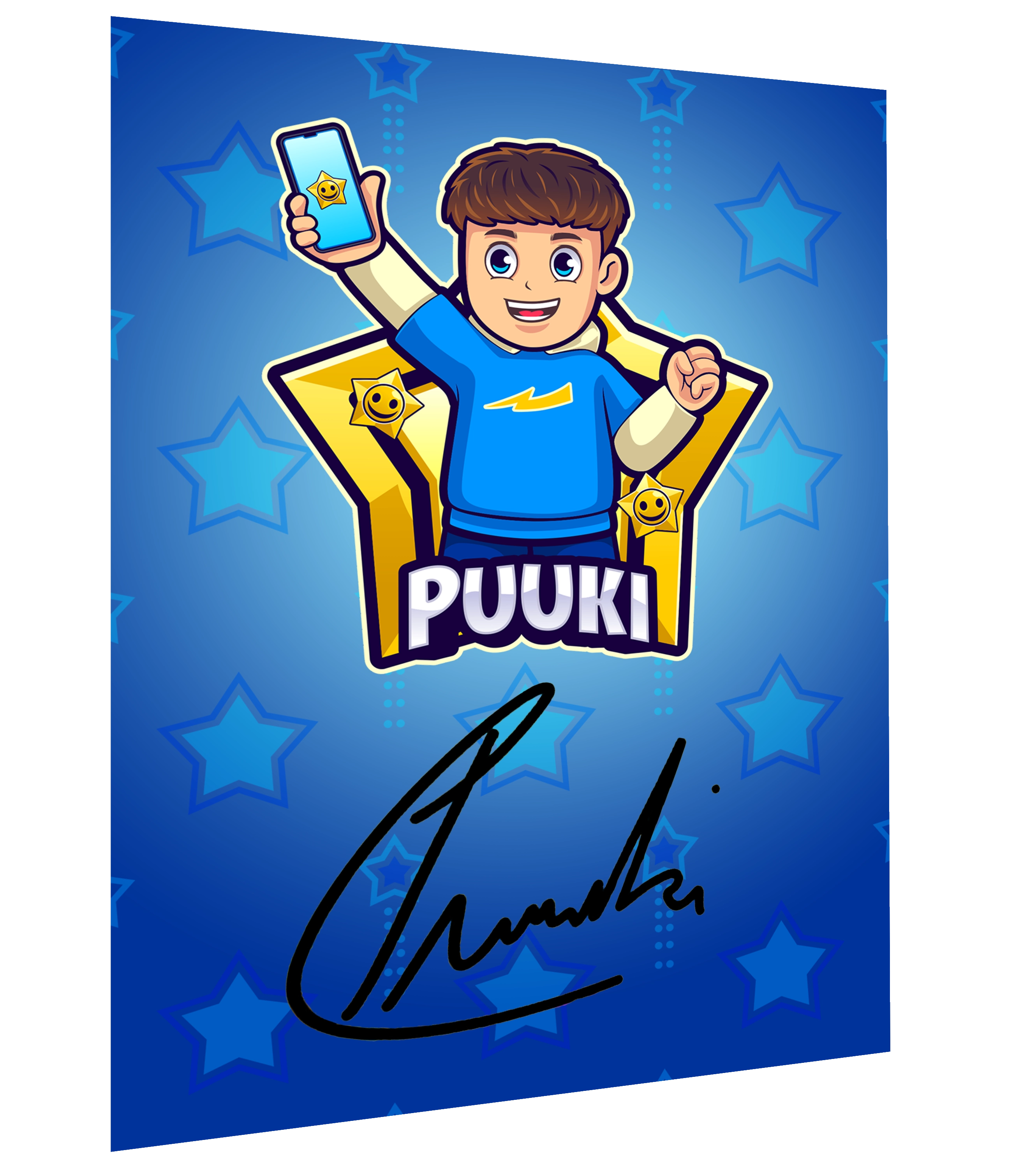 Signierte Autogrammkarte von Puuki im Brawler-Bundle – leuchtend blaues Design mit Sternmotiv und Cartoon-Illustration des Creators, ideal für Sammler und Fans.