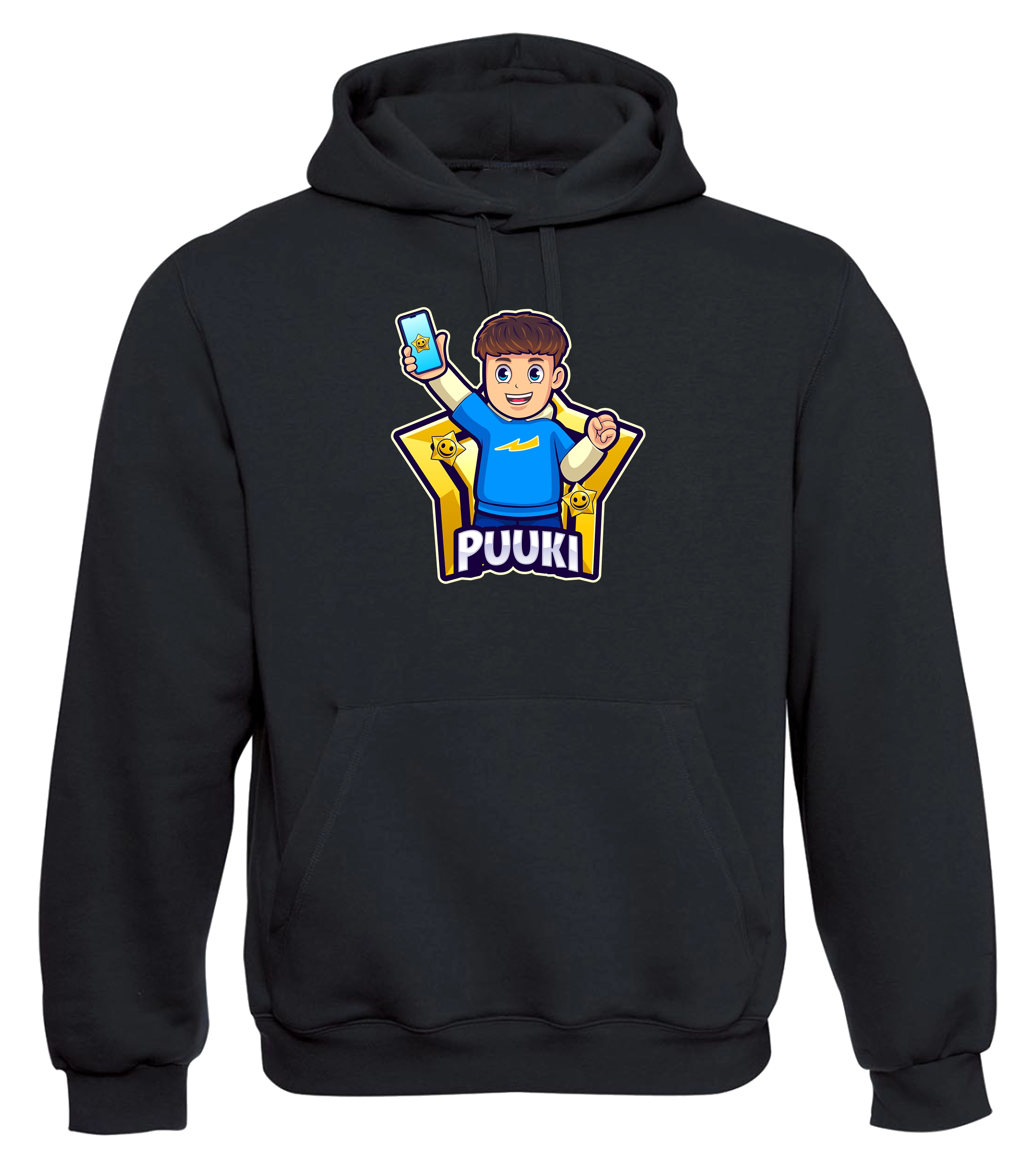 Schwarzer Hoodie mit buntem Puuki-Brawler-Motiv auf der Brust, inspiriert von Brawl Stars – bequemer Kapuzenpullover für Fans des YouTubers Puuki.