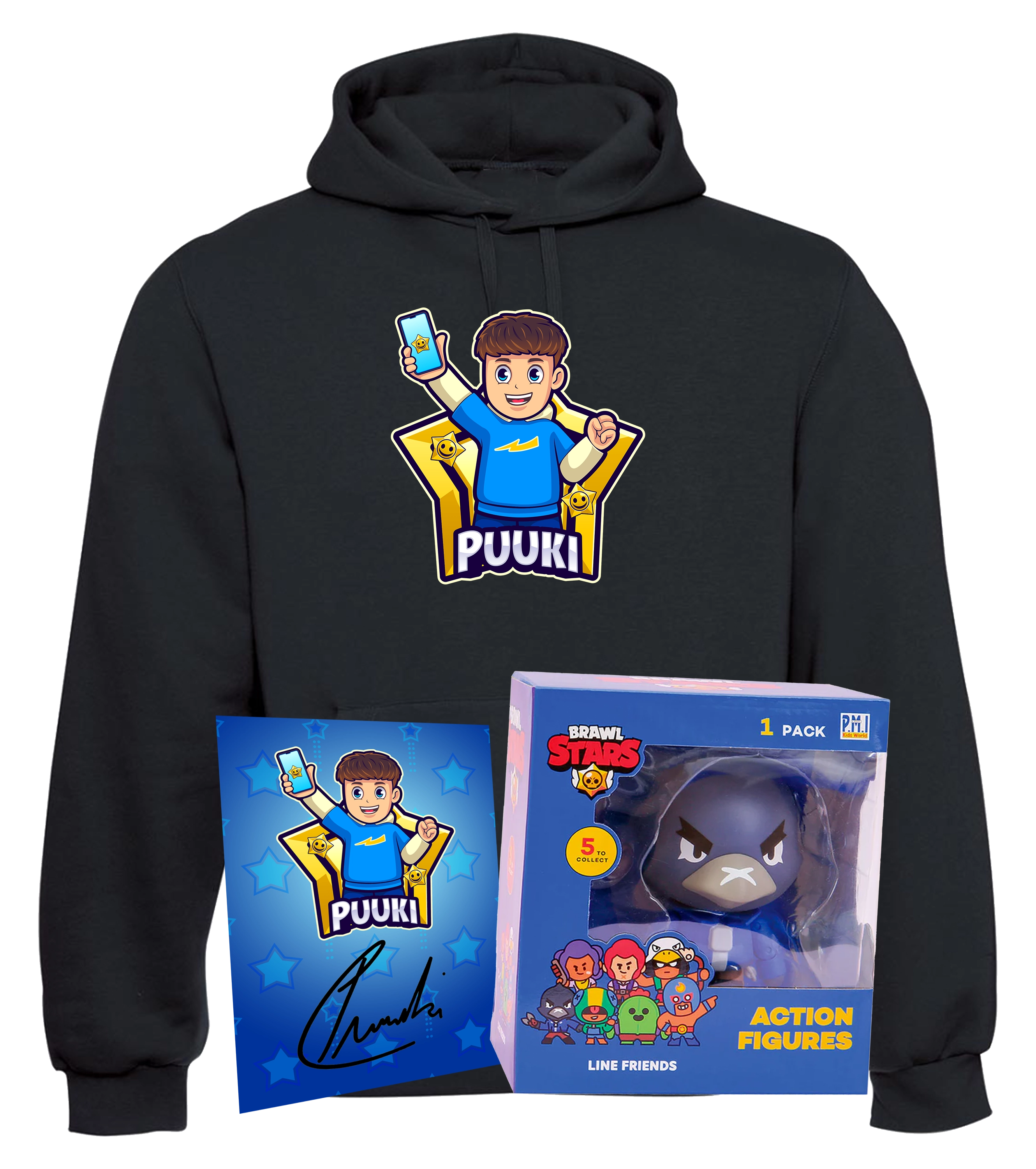 Puuki Brawler Fan-Bundle mit schwarzem Hoodie, signierter Autogrammkarte und Brawl Stars Actionfigur in Geschenkbox – ideal fuer junge Fans des YouTubers und Gaming-Enthusiasten.
