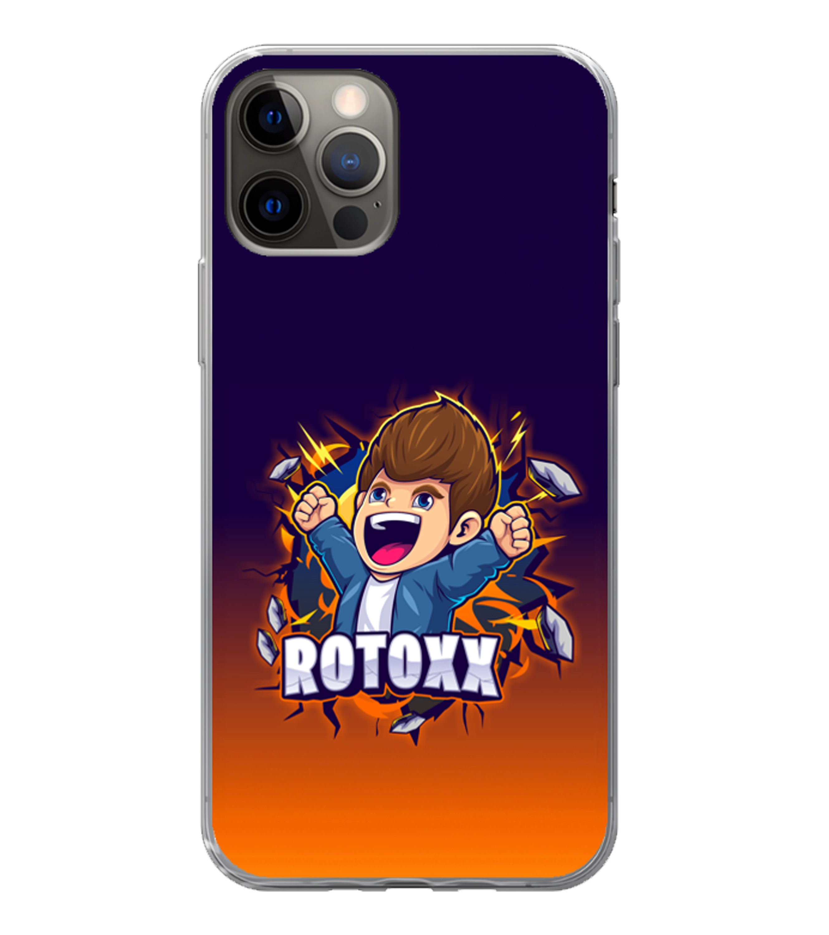 Handyhülle mit auffälligem Rotoxx-Design, dynamischem Charakter-Motiv und violett-orangem Farbverlauf – stylisches Creator-Merch für dein Smartphone.