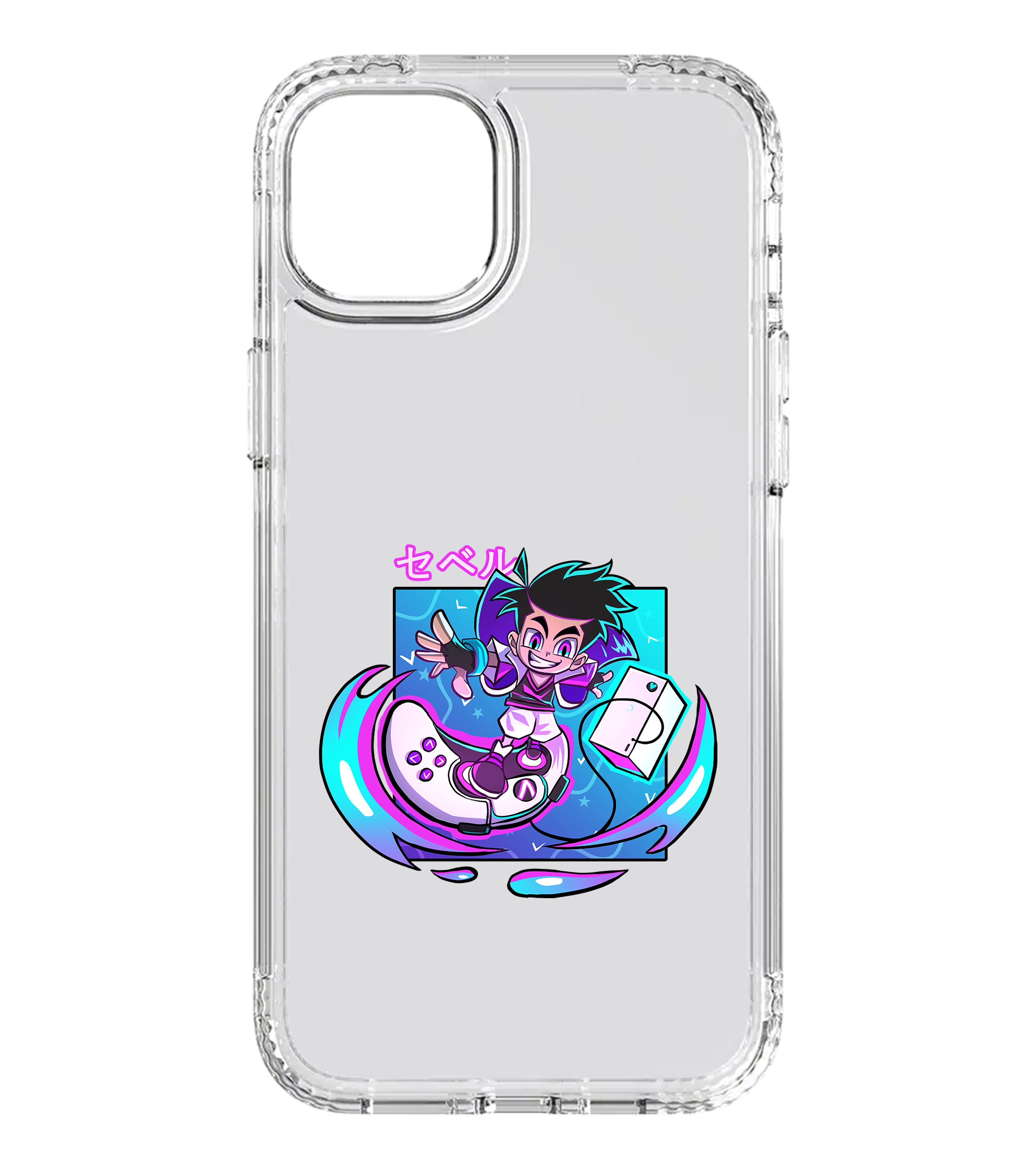 Transparente Handyhülle mit stylischem Sevel-Surf-Design: Anime-inspirierter Charakter auf einem futuristischen Sneaker-Skateboard, umgeben von dynamischen Neonfarben – perfekte Smartphone-Schutzhülle für Gaming- und Manga-Fans.