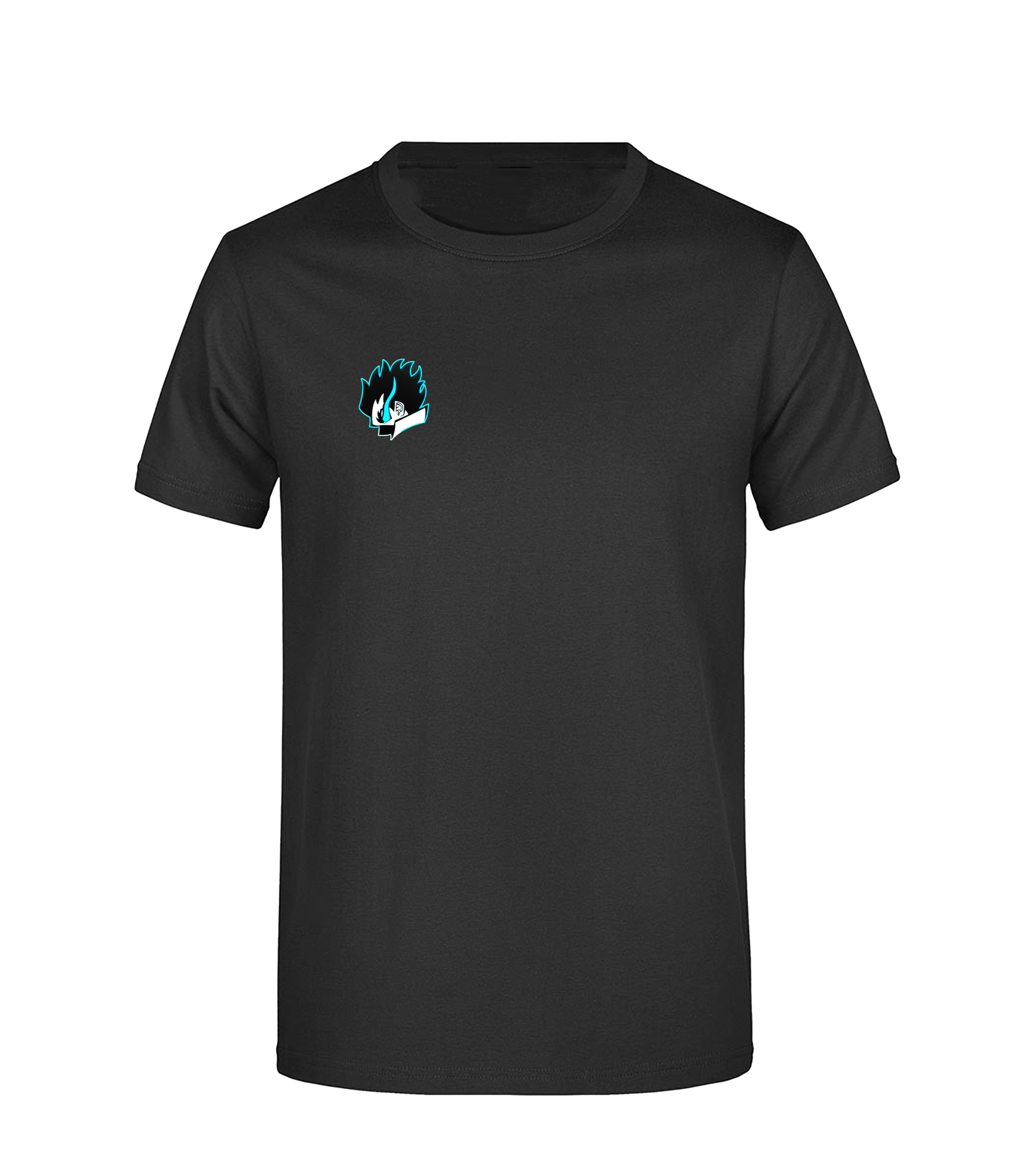 Schwarzes Sevel T-Shirt mit kleinem, leuchtendem Cloud-Kopf-Motiv auf der linken Brustseite – minimalistisches Design mit stilisiertem Charakterkopf und türkisblauen Flammen, ideal für dezente Streetwear-Looks mit Gaming-Vibe.