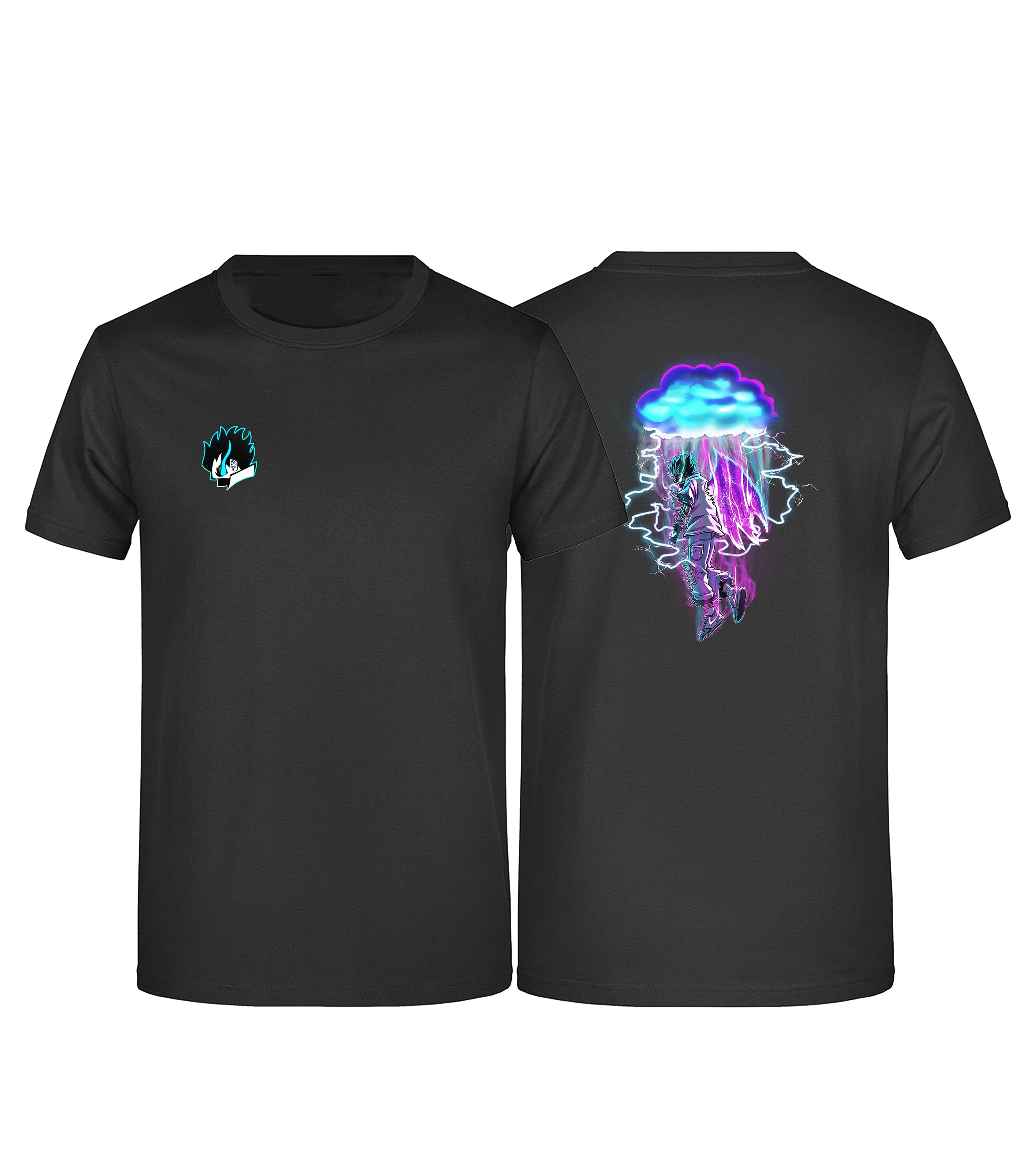 Schwarzes Sevel T-Shirt mit kleinem Blitzkopf-Motiv vorne und großem, leuchtendem Cloud-Design auf dem Rücken: Anime-inspirierte Figur mit lila-blauen Blitzen und futuristischen Akzenten – perfekte Streetwear für Urban Style und Gaming-Community.