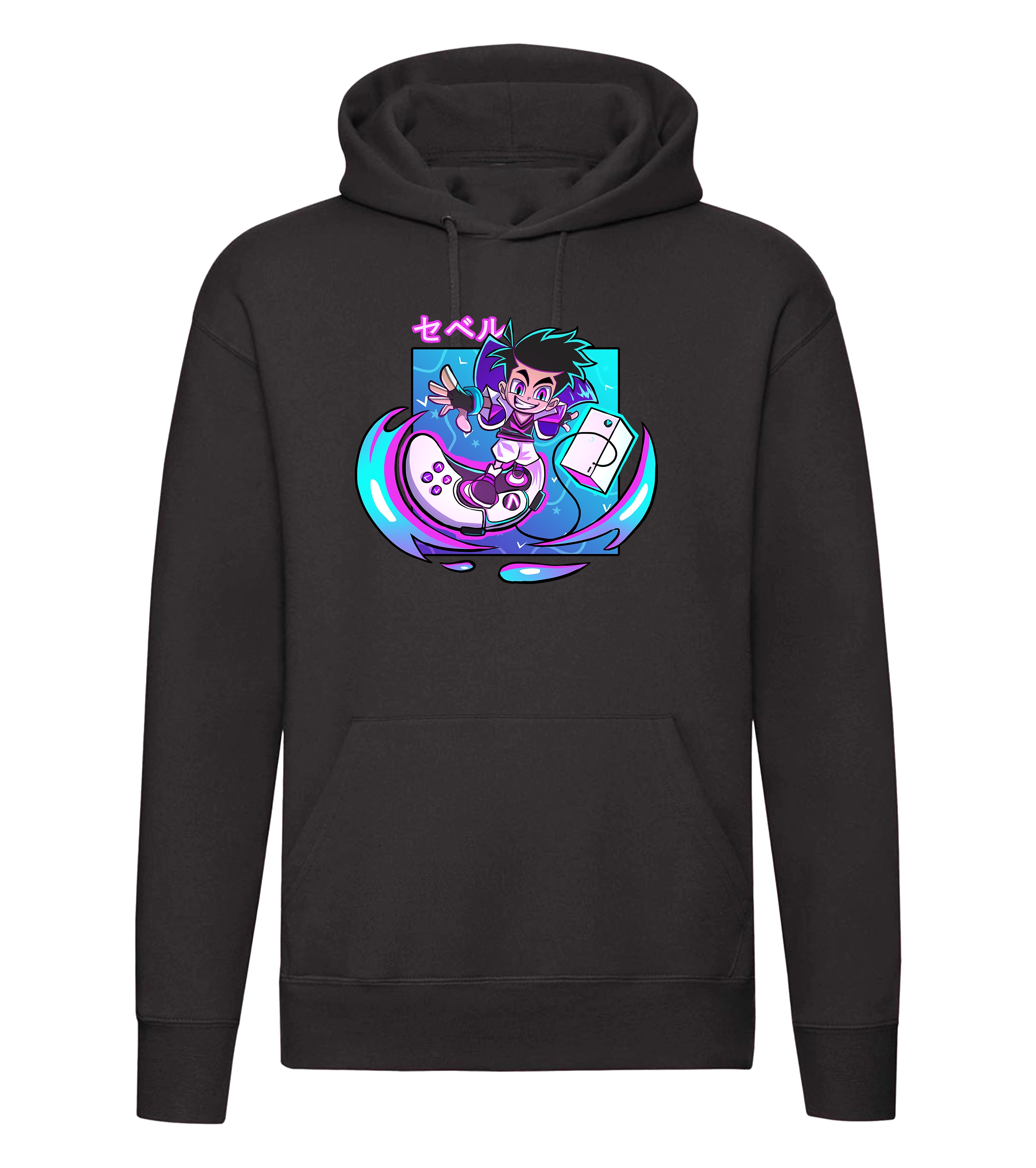 Cooler schwarzer Hoodie von Sevel mit dynamischem Surf-Design im Neon-Anime-Look – ideal für urbane Streetwear-Looks und Fans von Gaming-Influencer-Merch.