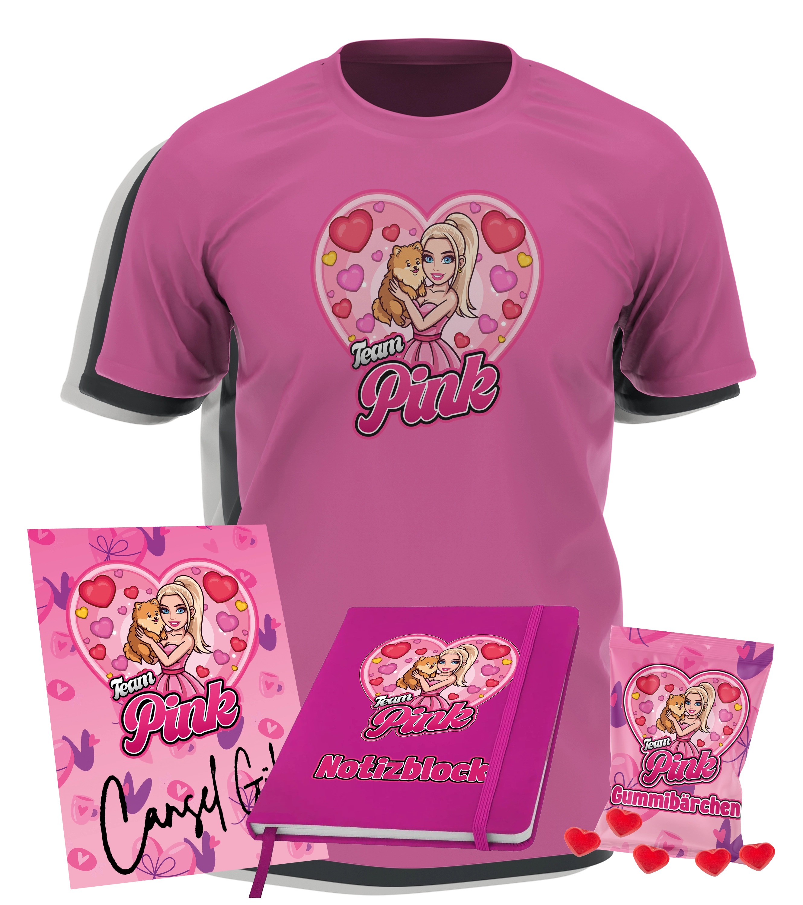 CanselGuel #TEAMPINK Valentinstag Bundle - T-Shirt + Notizbuch + Gummibärchen + Autogrammkarte