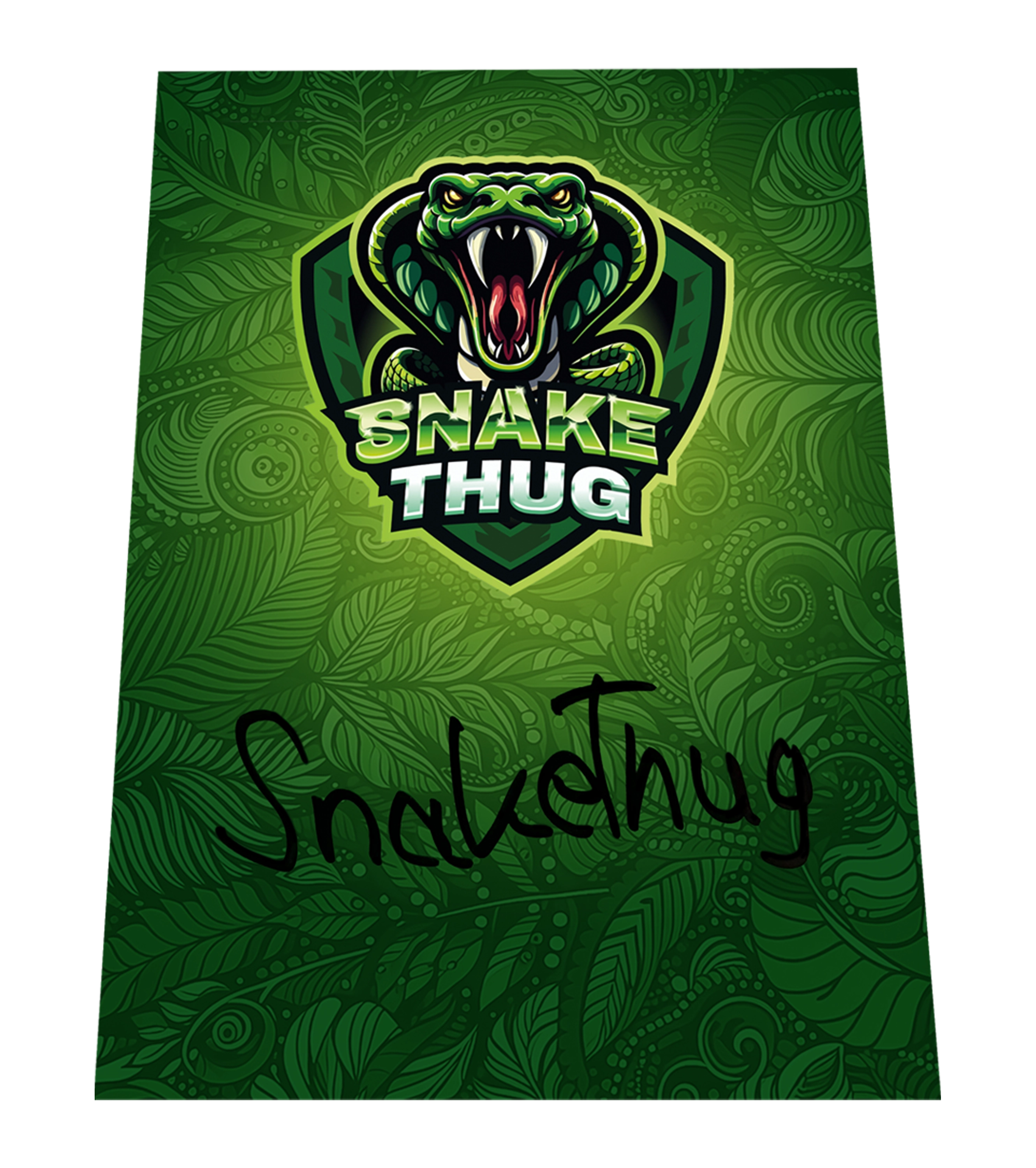 Signierte SnakeThug Autogrammkarte mit grünem Blattmuster-Hintergrund und aggressivem Schlangenlogo – exklusives Sammlerstück für Fans.