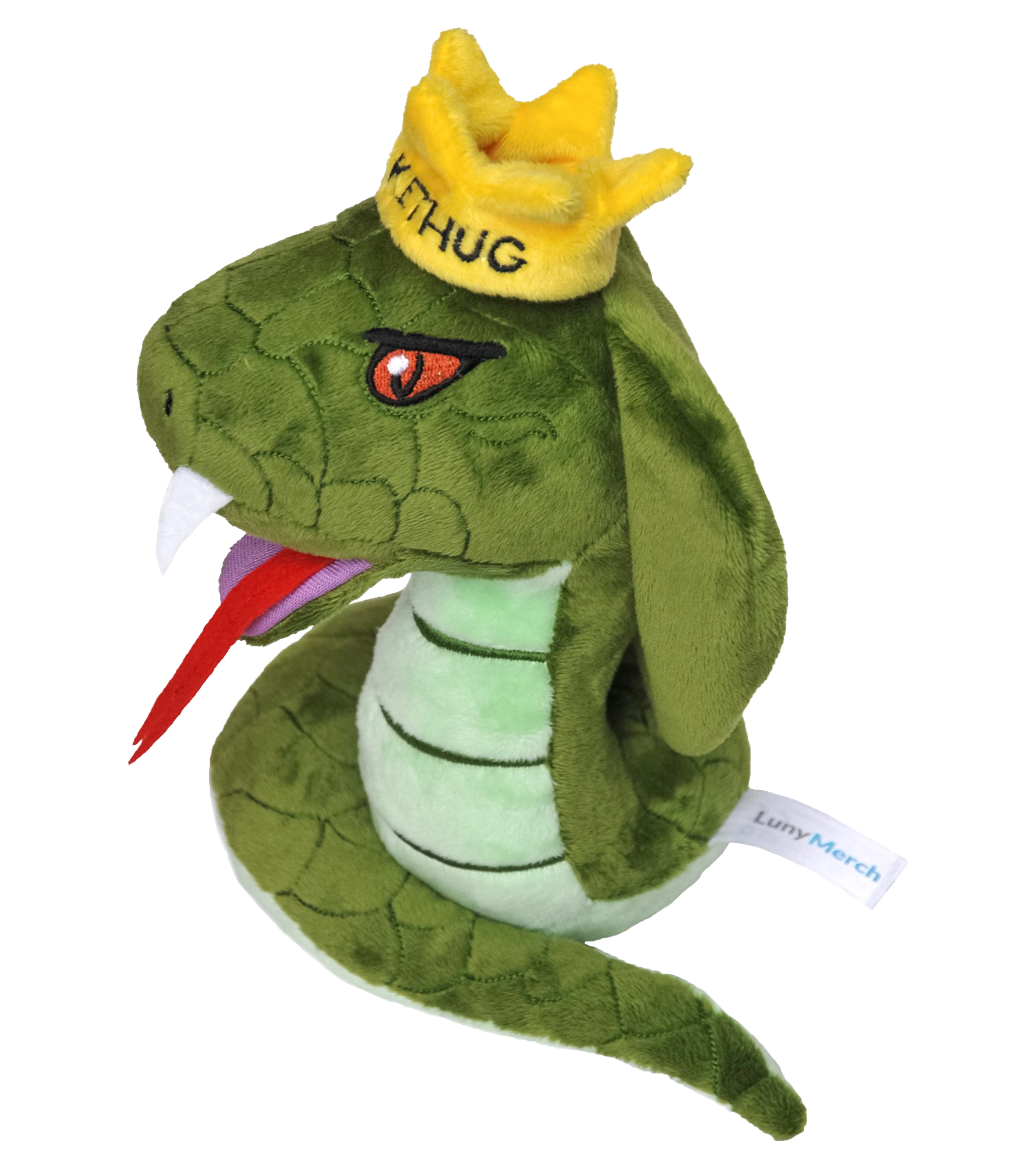 Linke Seitenansicht des SnakeThug-Plueschtieres mit gestickter Krone, roter Zunge, leuchtenden Augen und sichtbarem LunyMerch-Label – ideale Geschenkidee für junge Fans.