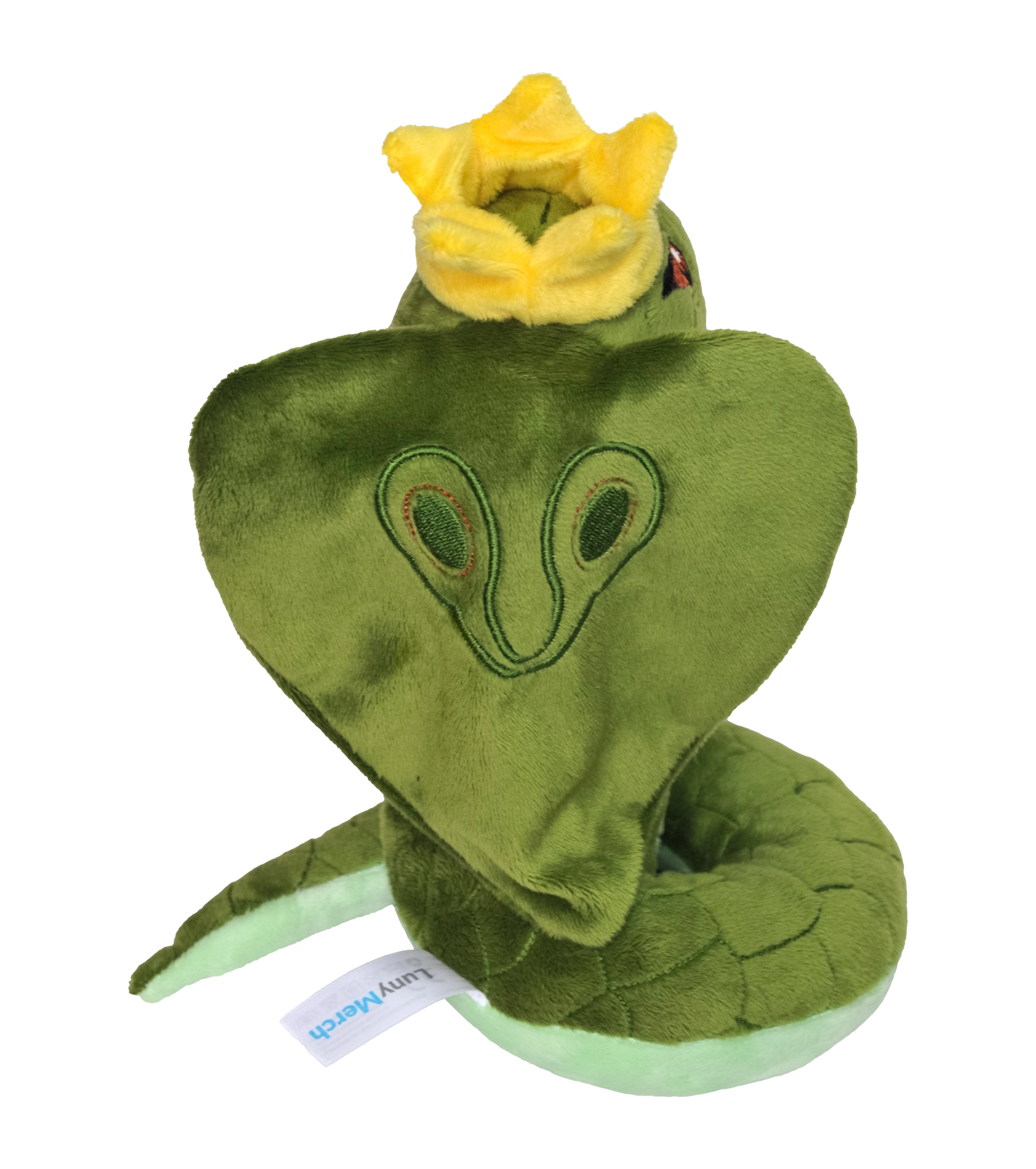 Rueckansicht des SnakeThug-Plueschtieres mit aufgesticktem Kobra-Muster auf dem Nacken, gelber Krone und LunyMerch-Etikett.