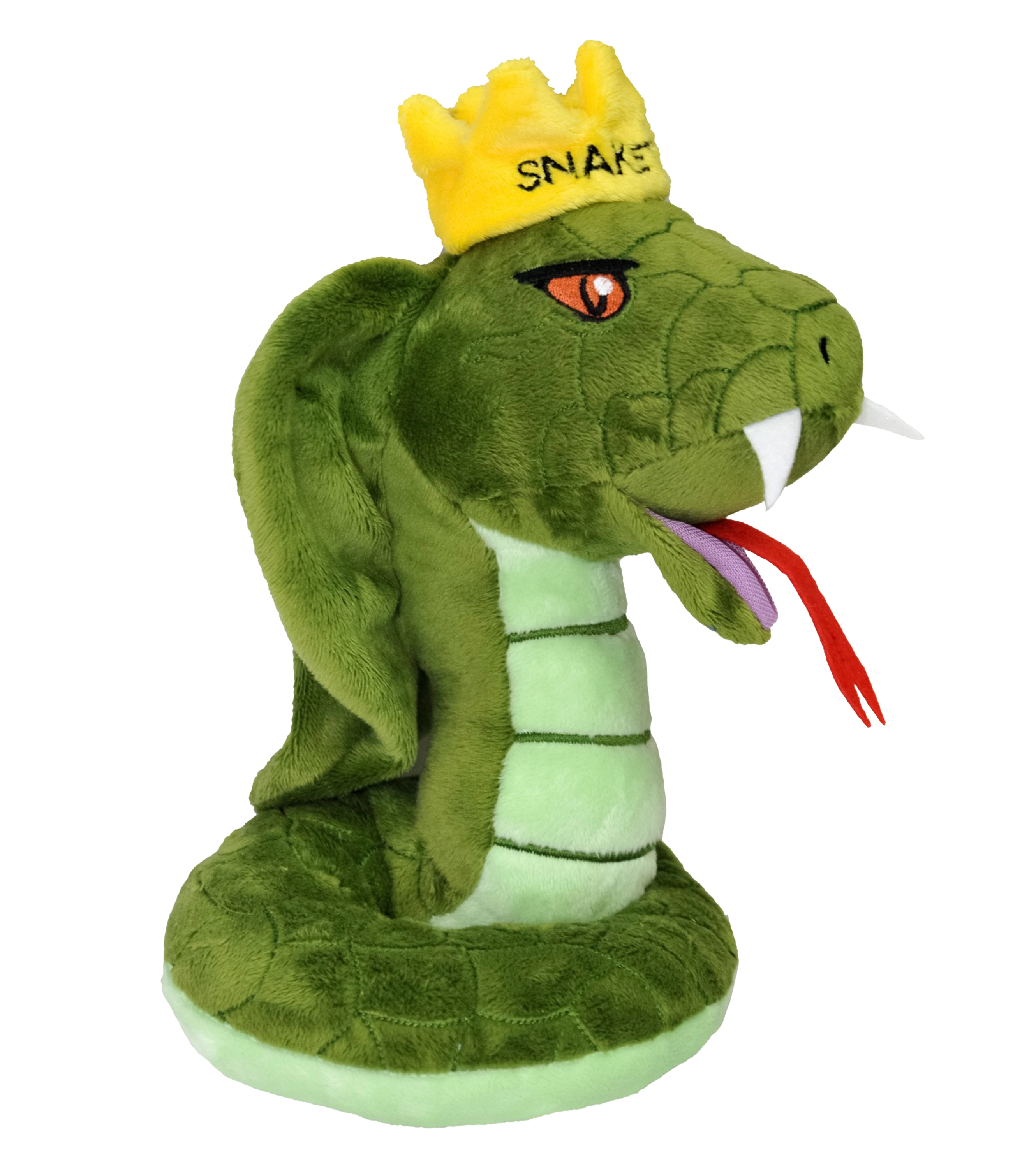Seitenansicht des SnakeThug-Plueschtieres in Form einer grünen Kobra mit gelber Krone, roten Augen und roter Zunge – detailreich verarbeitet und perfekt als Fanartikel.