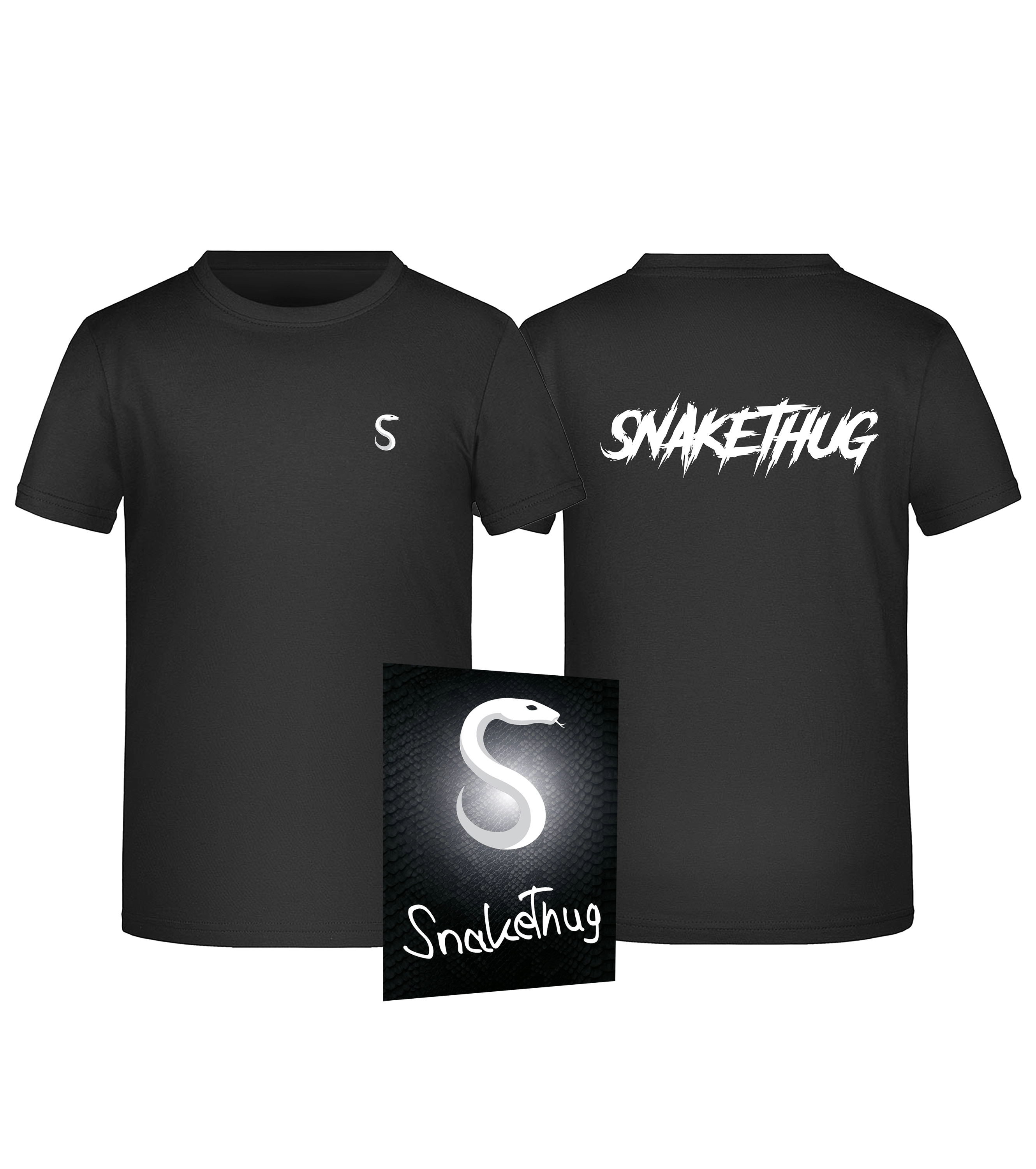 Schwarzes SnakeThug T-Shirt mit weißem S-Logo auf der Brust und großem SNAKETHUG-Schriftzug auf dem Rücken, kombiniert mit passender Autogrammkarte – perfektes Bundle für Streetwear-Fans.