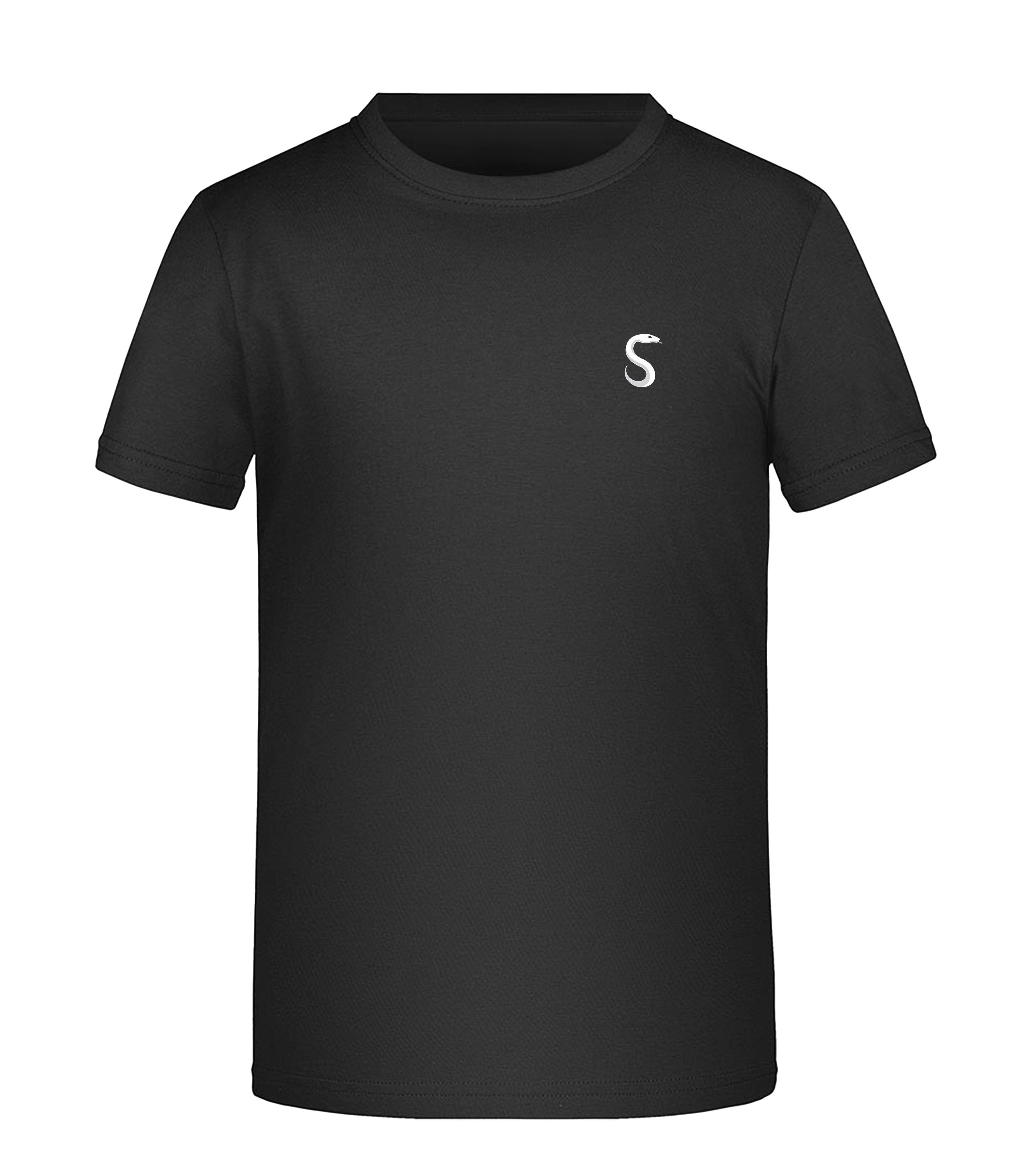 Vorderansicht des schwarzen SnakeThug T-Shirts mit weißem S-Logo auf der linken Brust – minimalistisches und stilvolles Streetwear-Design.