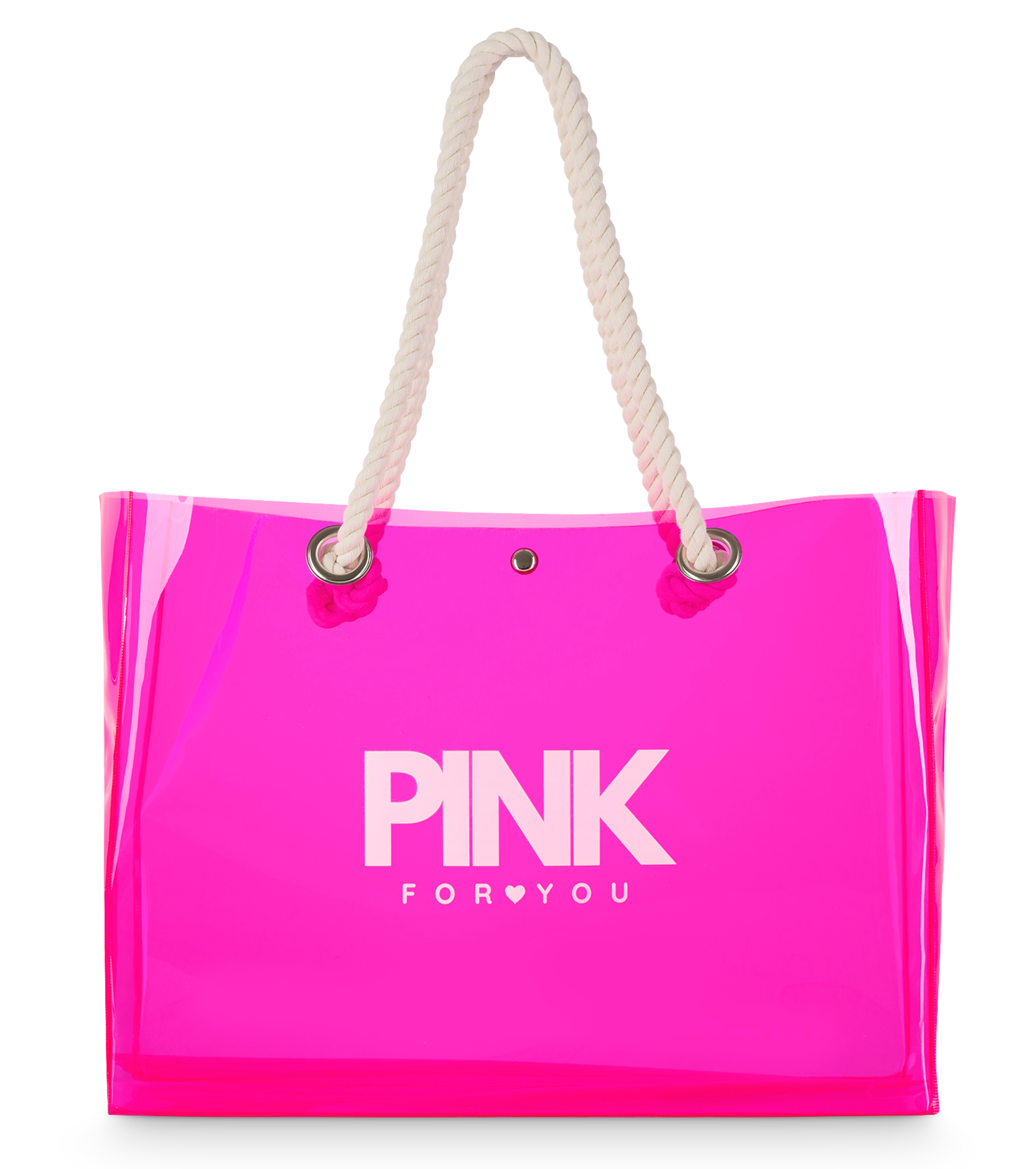 Pinke transparente Strandtasche mit weißem Schriftzug „PINK FOR YOU“ und weißen Tragegriffen aus Kordel.